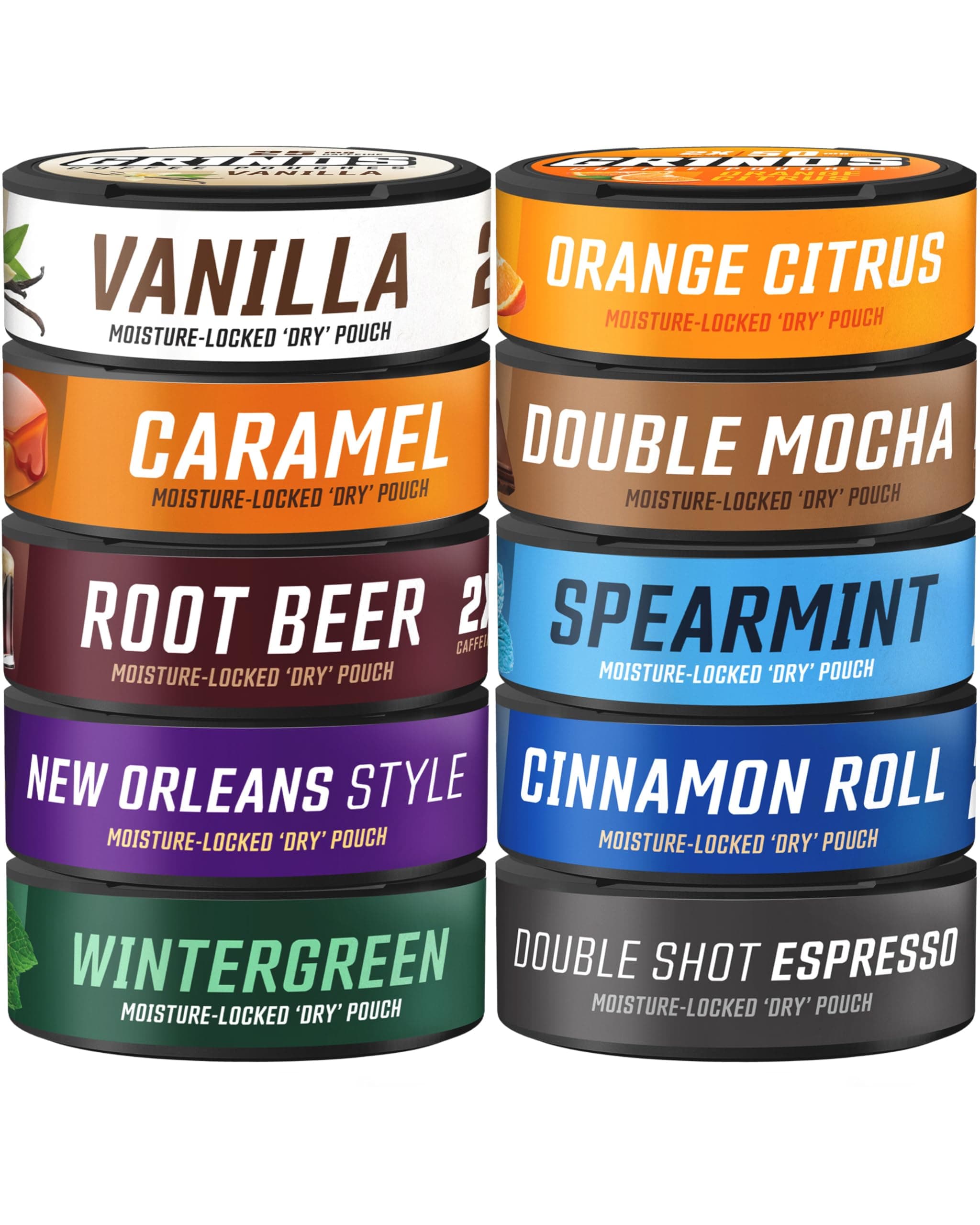 Grinds Coffee Pouches | 10-Can Variety Pack (Vanilla, Caramel, Root Beer, Orange Citrus, Double Mocha, Spearmint, Cinnamon Roll, Wintergreen, Double Shot Espresso, New Orleans Style) | Brew-Free Coffee Alternative | 18 Pouches Per Can