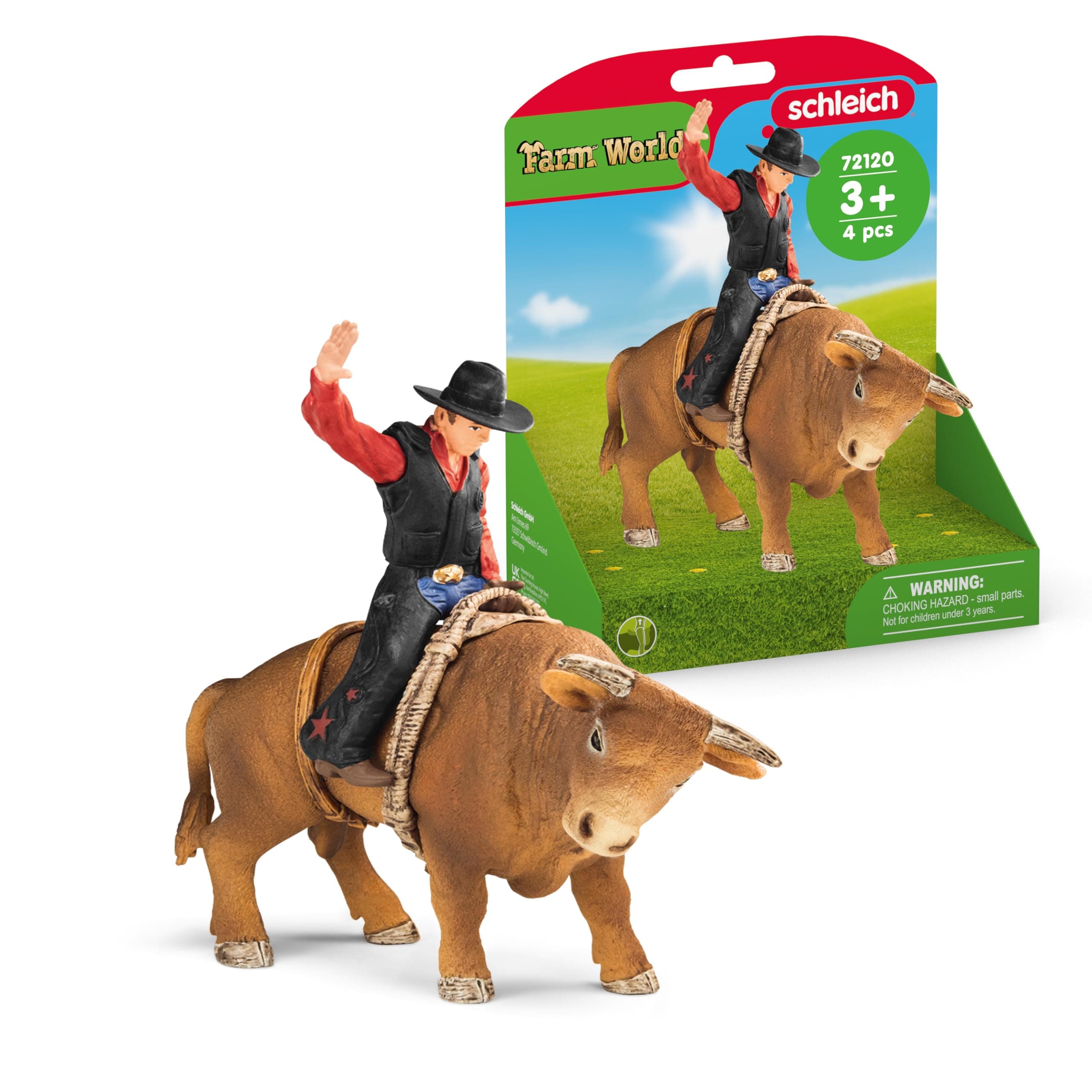 schleich Farm World - 4PC Bull Riding Playset with Cowboy Figurine - Rodeo Toy Set with Realistic 7” Bull Figure and Detachable Rider - Durable Cowboy Toys for Imaginative Play - Kids Ages 3+ | 72120