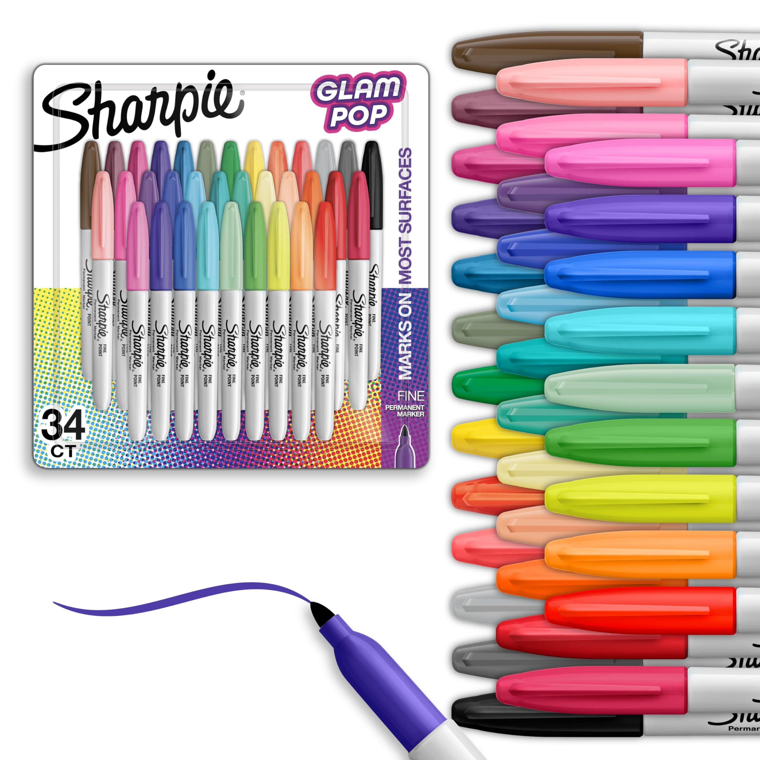 Sharpie Glam Pop Permanent Markers, Fine Tip Marker Set, Coloring Markers, Art Markers, Drawing Markers, Writing Markers, Stocking Stuffers, 34 Count