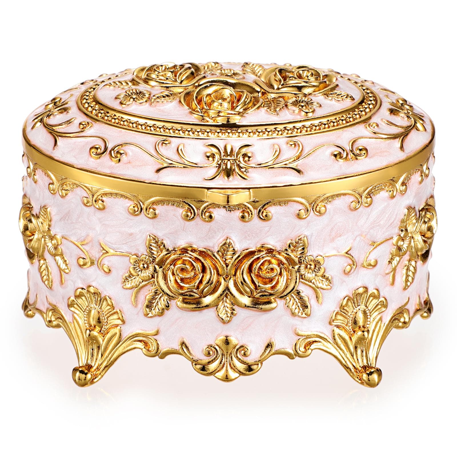 Hipiwe Vintage Metal Jewelry Box - Oval Trinket Organizer Ring Box Case with Rose Pattern Jewelry Storage Box for Ring Earrings Necklace, Gift for Women