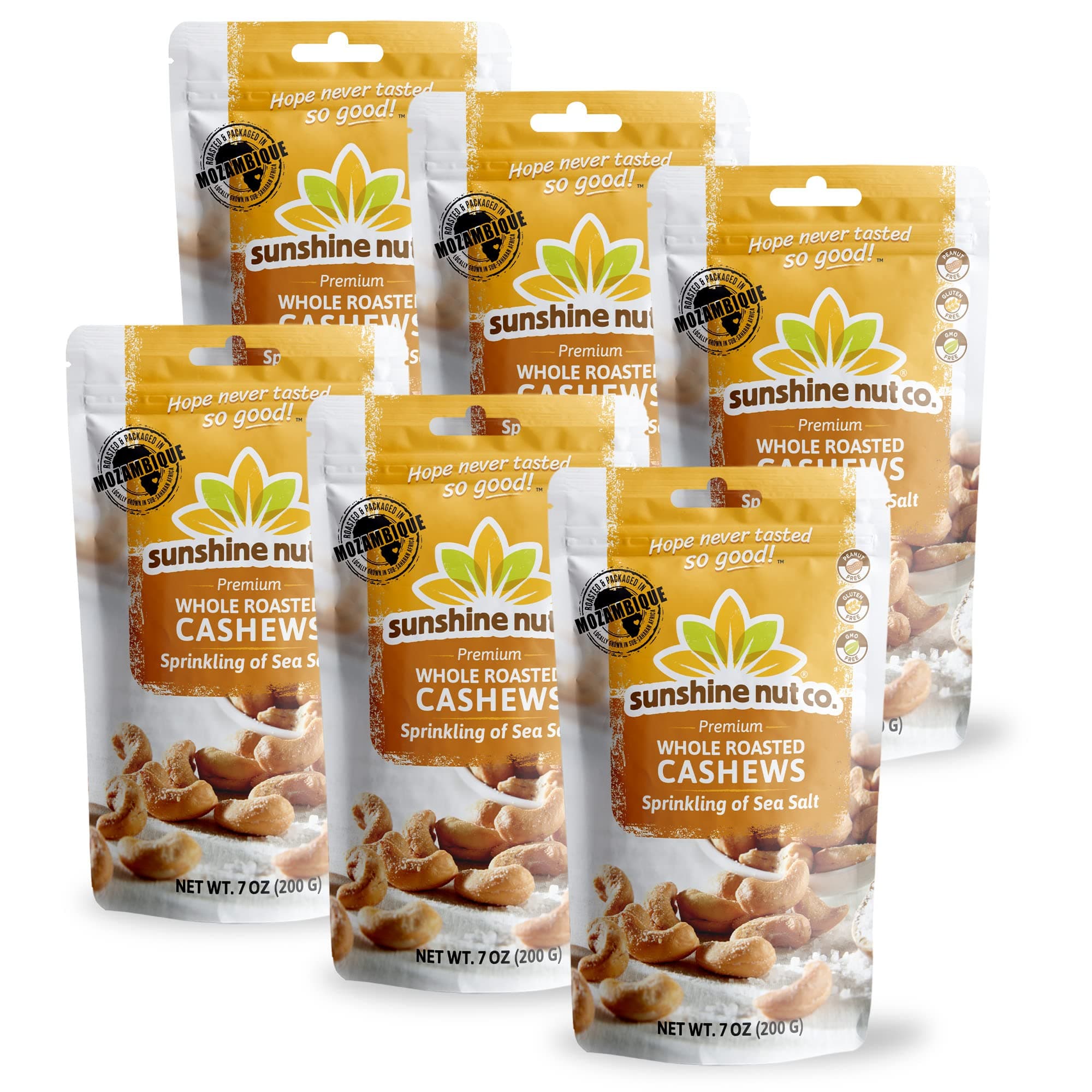 Sunshine Nut Co. Whole Roasted Lightly Salted Cashews, Sprinkling of Salt Flavor, 6 Pack, 7 oz. Each, Gluten Free, Peanut Free and Vegan Individual Snack Packs for Kids and Adults, GMO Free