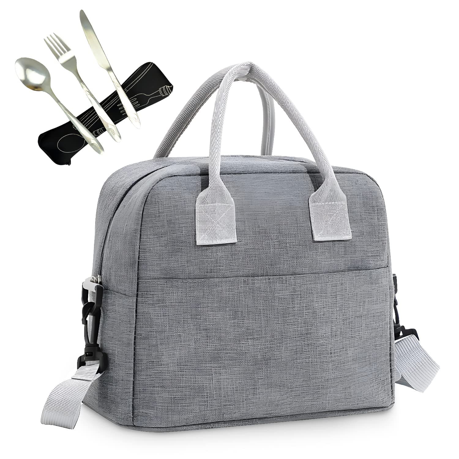 YumLock Lunch Bags for Women Plus Cutlery Set and Pouch, Large Insulated Thermal Lunch Tote Bag, Durable Lunch Box Container for Adults Work College Picnic Beach Park, Grey, KTB01007