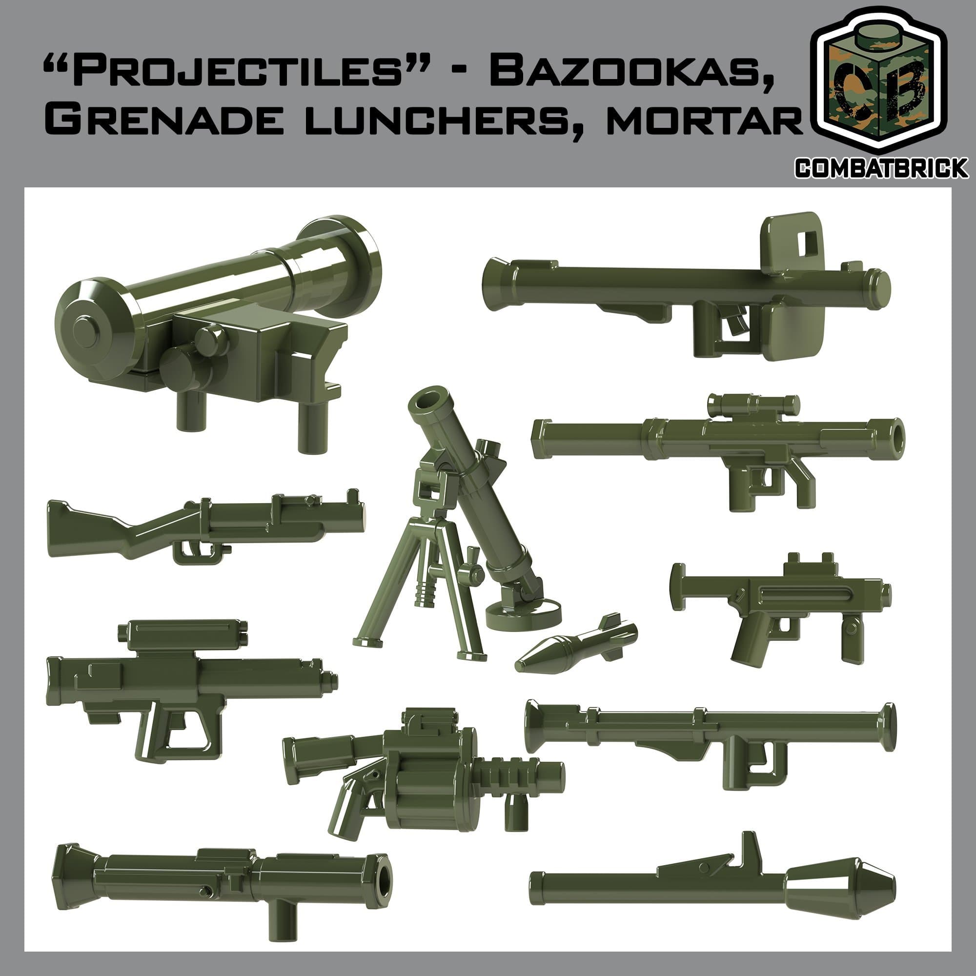 CombatBrick Projectiles Set: bazookas, Grenade launchers, Mortar. Custom Modern Warfare 2" Accessories (Military Green)
