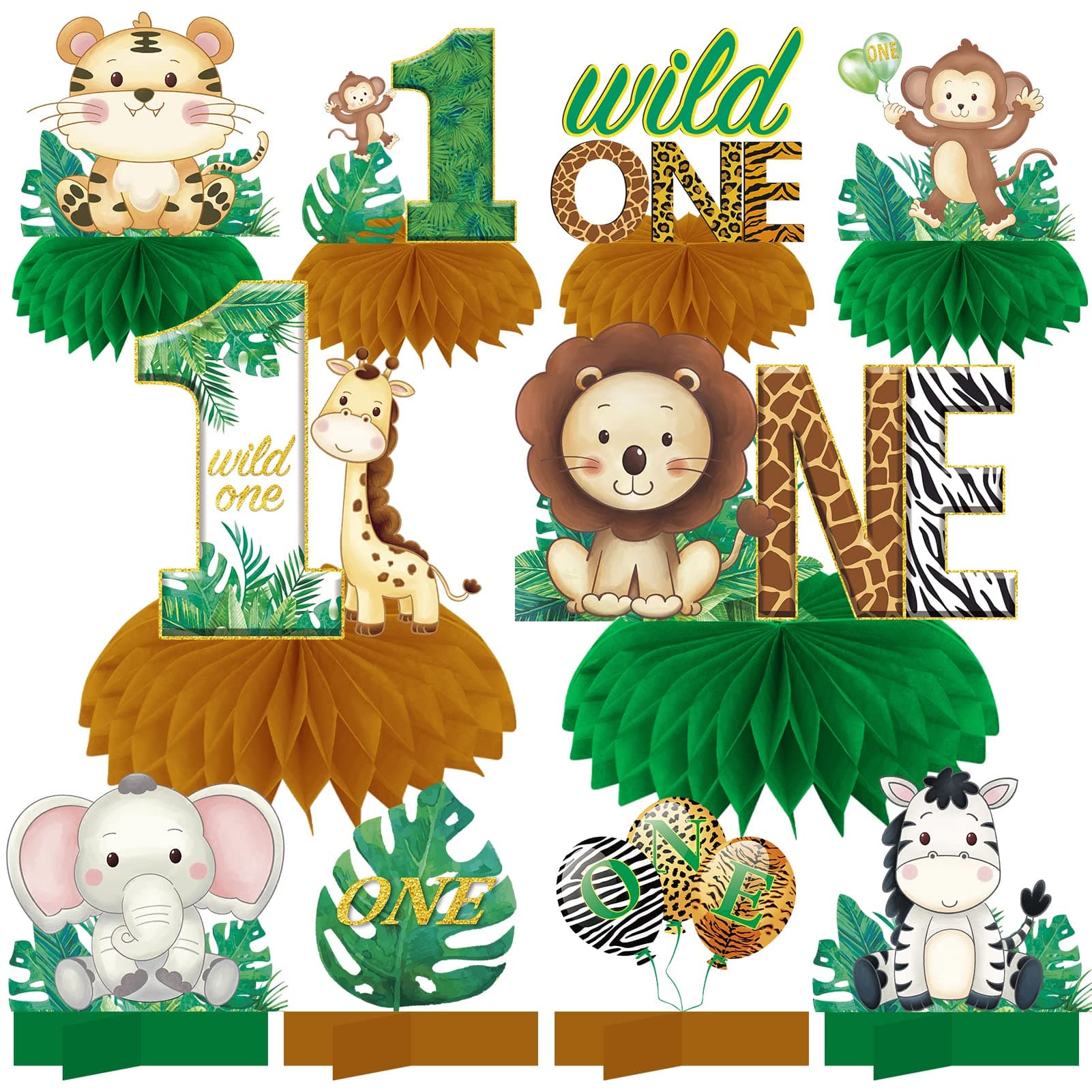 Wild One Birthday Decorations Honeycomb Centerpieces for Baby Boy Girls, Jungle Safari Theme 1st Birthday Table Centerpieces Party Supplies, Safari Animal First Birth Day Table Topper Sign Decor