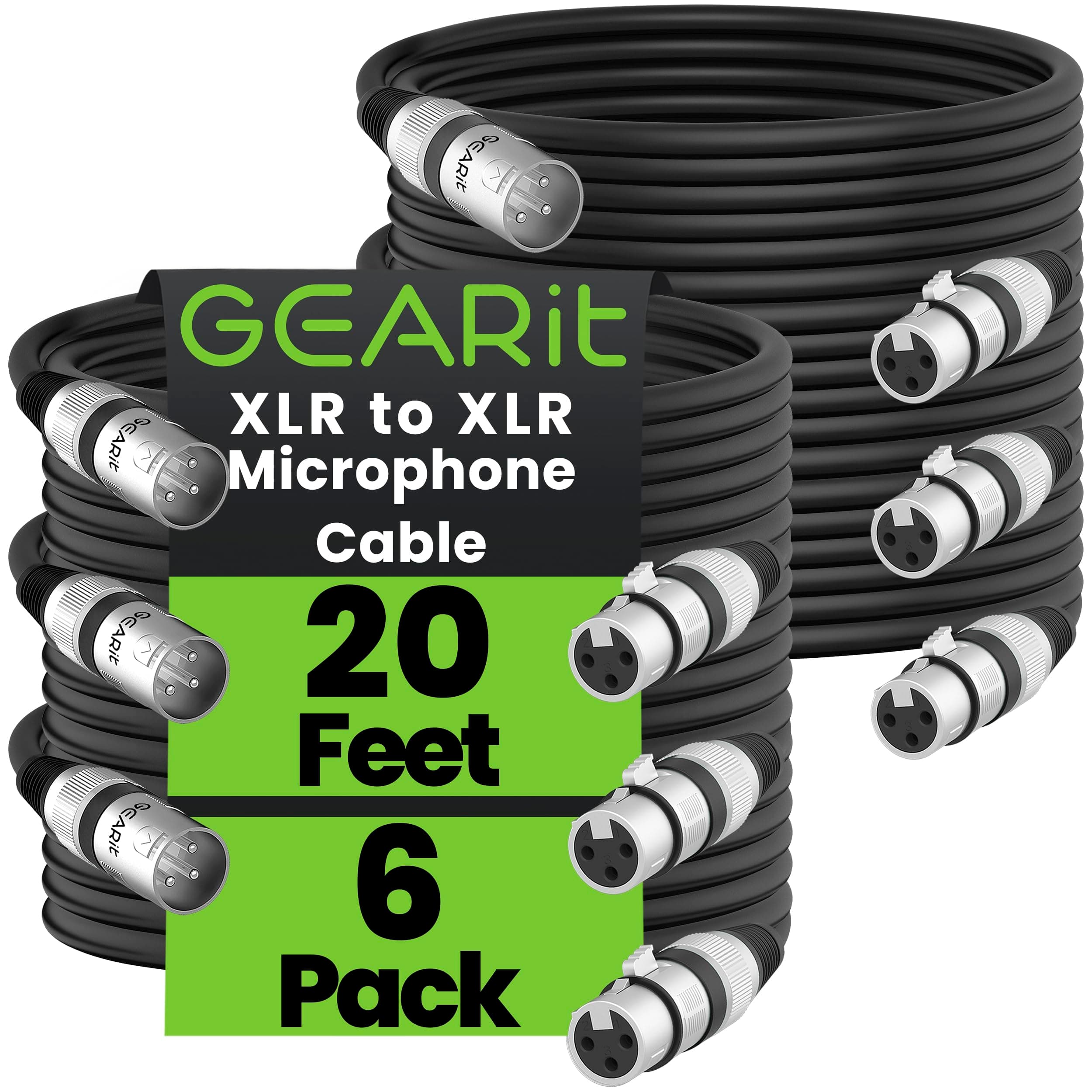 - GEARit XLR Cables, Male to Female Microphone Cable 3-Pin Balanced Shielded Mixer XLR to XLR Cable for Recording Studio, Podcast, 20ft 6pack