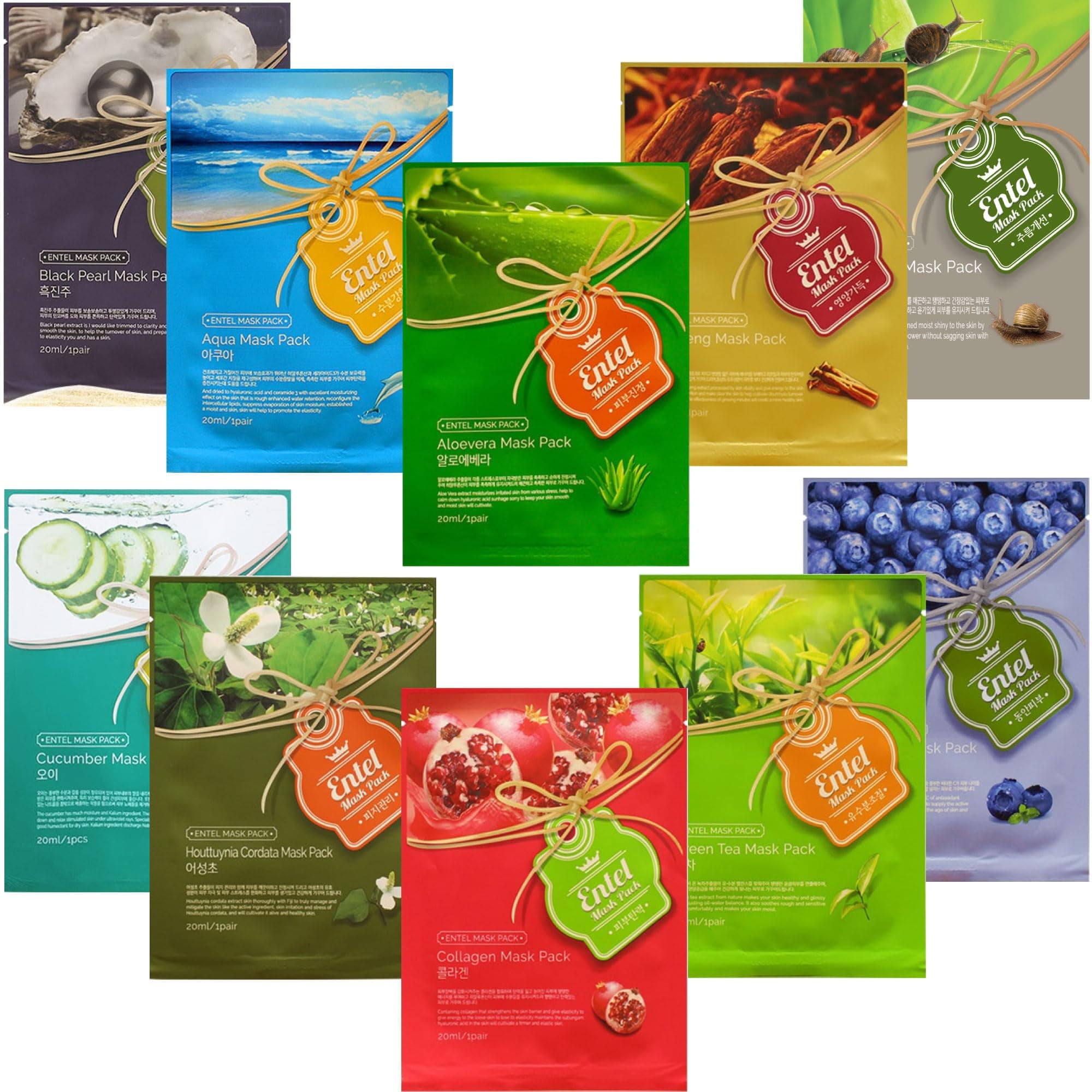 Entel 【 10 pcs 】 Combo-Pack, Premium Korean Facial Mask Sheet (10 Types x 1pcs), Five Chemical Free ; No-Paraben, No-Silicon, No-Mineral Oil, No-Artificial Colors and No-Ethanol