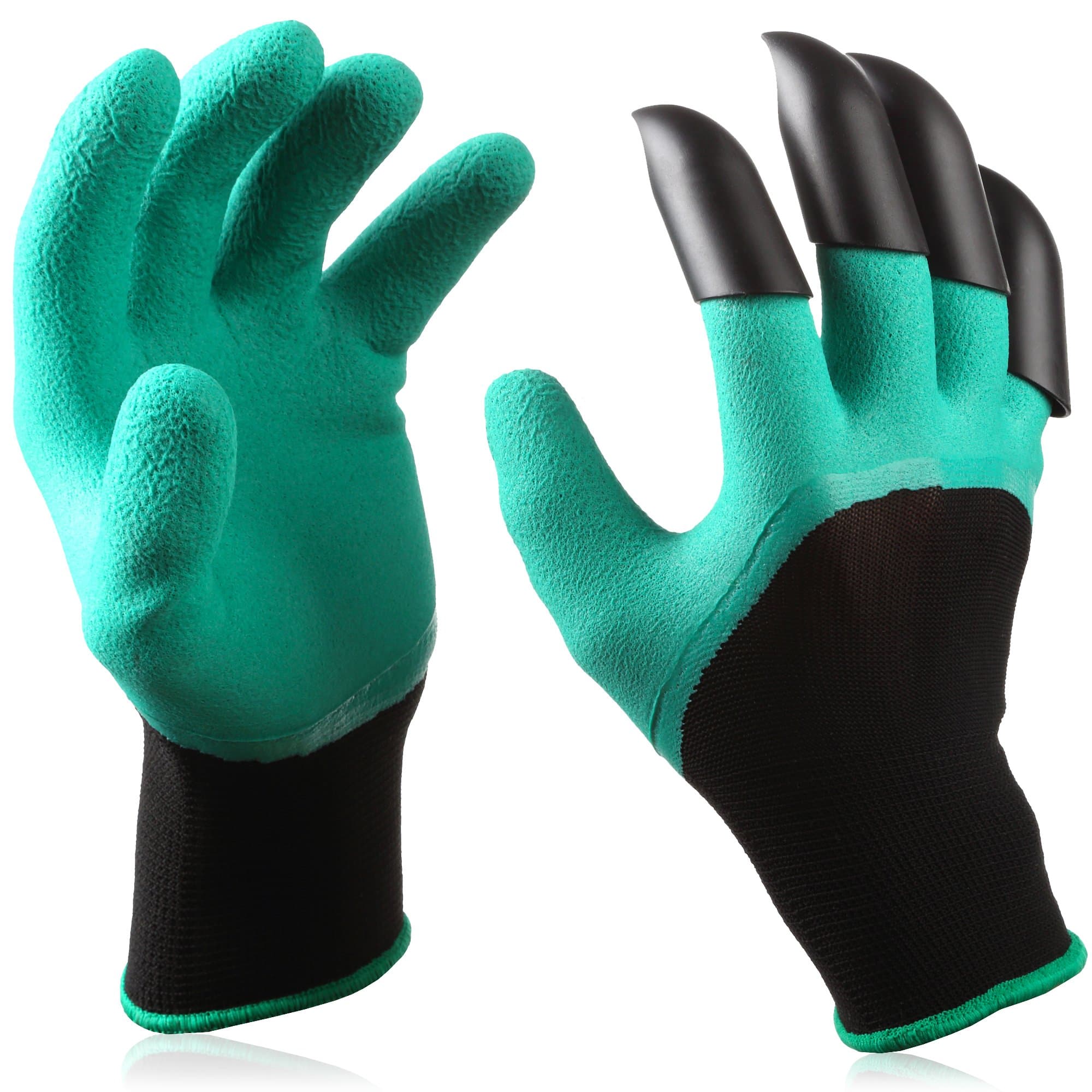 premium garden genie gloves made of natural latex rubber with right hand fingertip claws for digging, raking and hands protection
