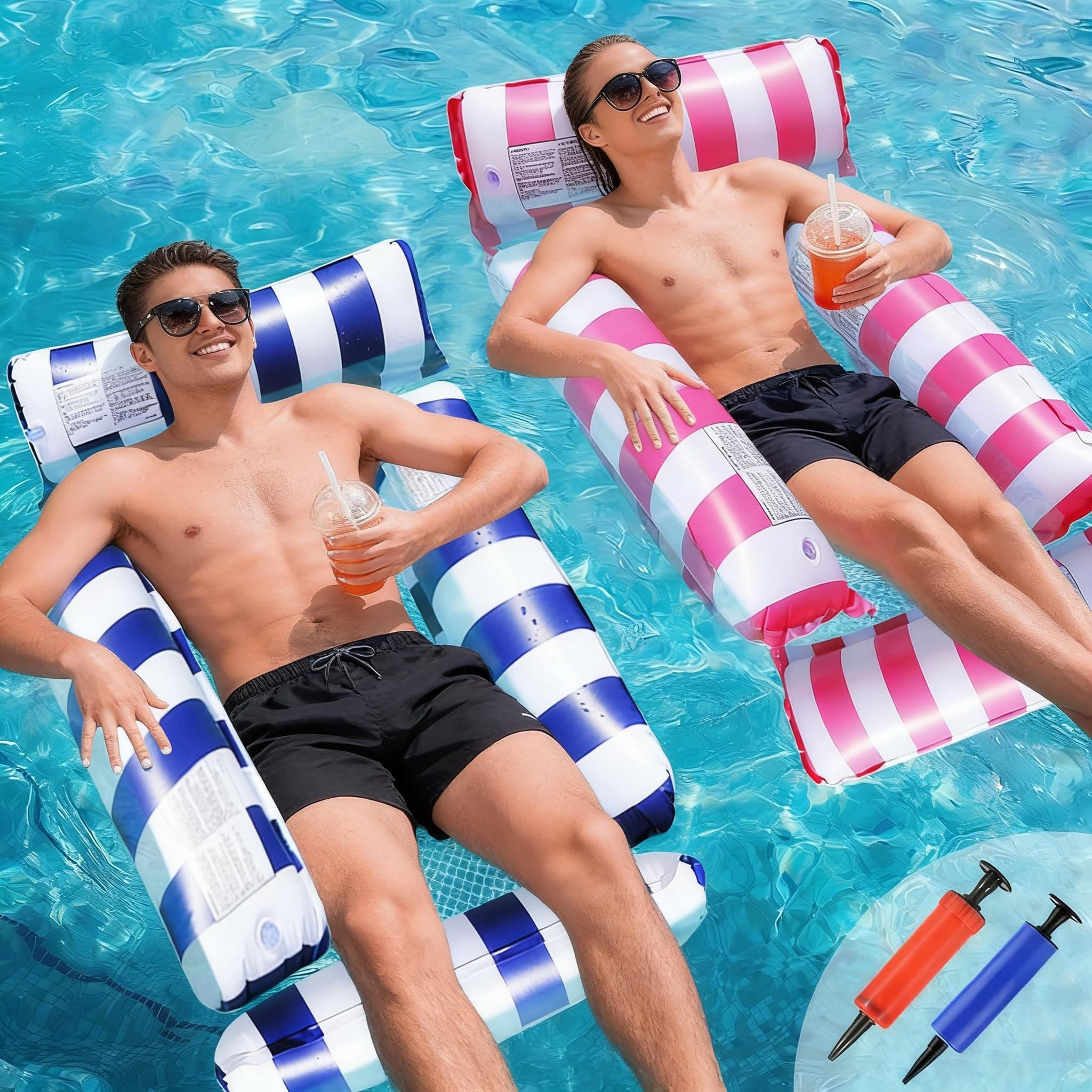 Yoawllty Pool Floats, 2 Pack Swimming Pool Floats, 4-in-1 Adults Pool Float & Water Hammock with Air Pumps, Multi-Purpose, Inflatable Pool Floats for Adults(Blue,Pink)