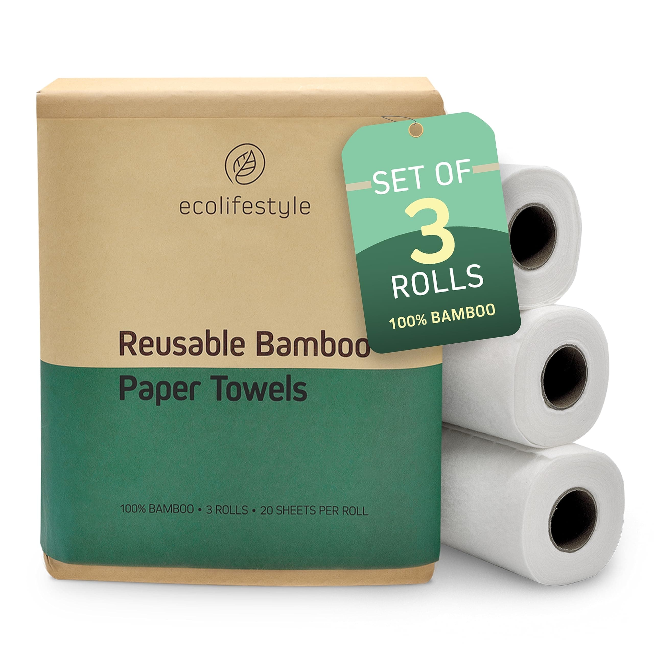 Reusable Paper Towels Washable – 3 Rolls, 20 Sheets (11"x11") | Made of Bamboo, Super Absorbent, Machine Washable, Eco-Friendly Alternative to Paper Towels | Perfect for Kitchen & Beyond