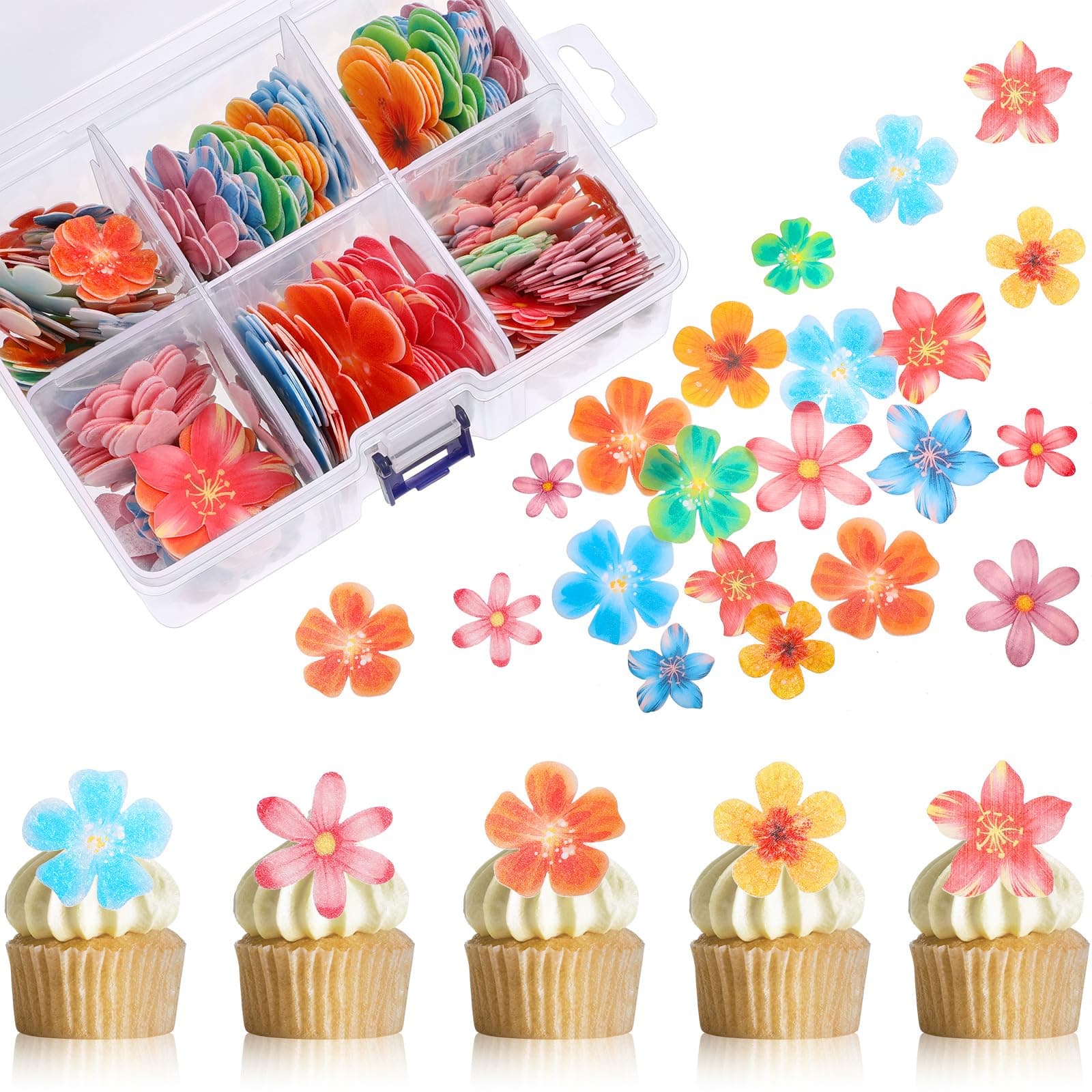 Zonon 314 Pieces Flowers Cupcake Toppers Wedding Cake Wafer Flowers Cupcake Toppers Birthday Party Food Decoration Mixed Size and Colors
