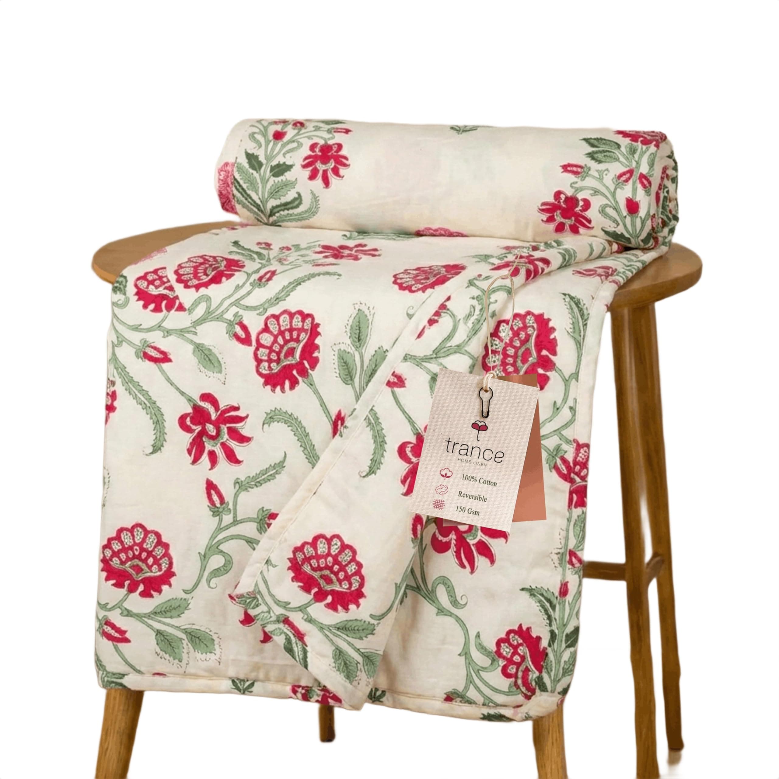 Trance Home Linen Pure Cotton Reversible Dohar Single Bed Size | AC Blanket Comforter | Soft Light-Weight Bed Blanket Skin Friendly (56 x 88 inch, Aangan Red, Pack of 1)