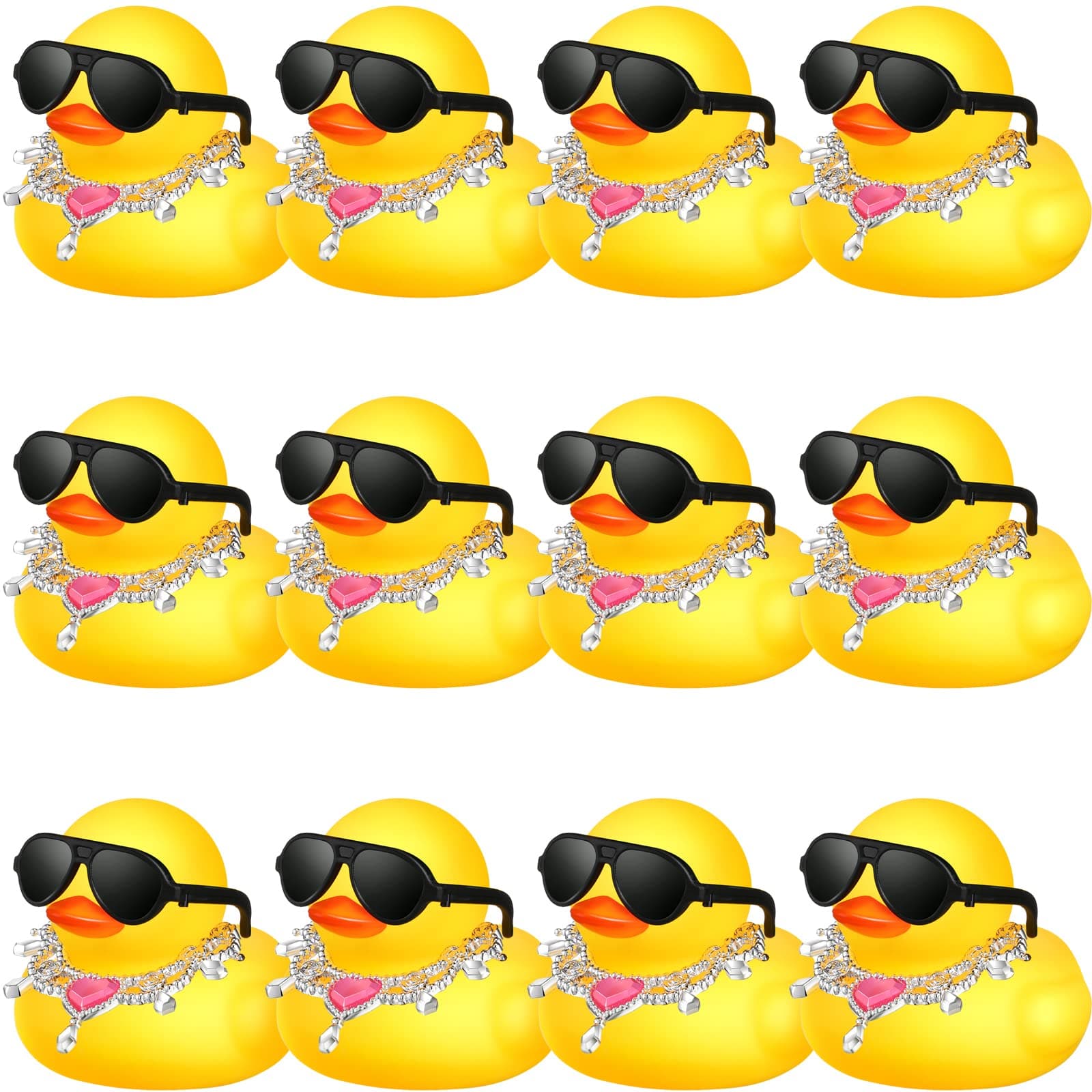 Chivao 12 Pcs Mini Rubber Ducks with Sunglasses/ Glasses and Hats/ Necklace, Cruise Rubber Ducks in Bulk Valentine Gift Small Bathtub Toy for Hiding Party Favor(Fancy Style,Yellow)