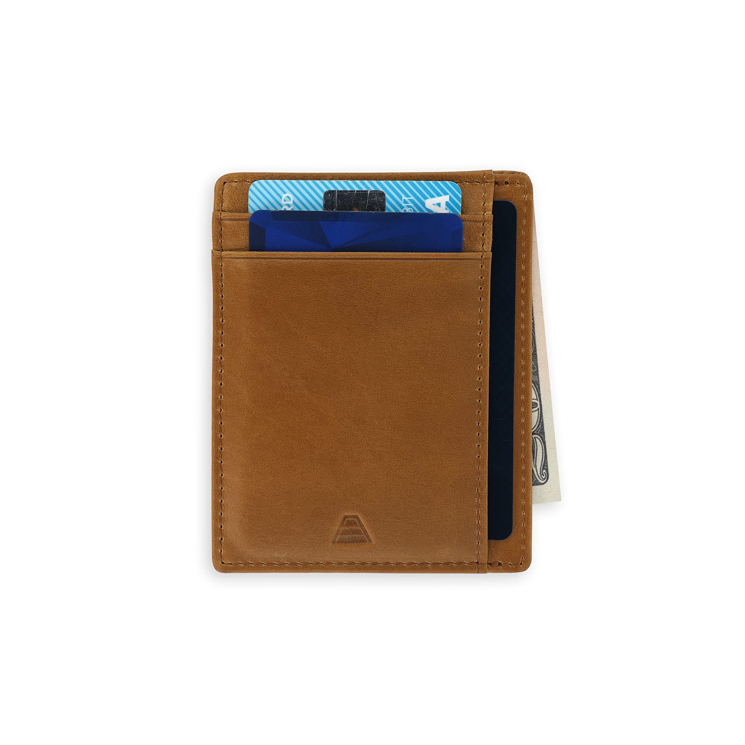 Leather Slim Wallet, Minimalist Front Pocket RFID Blocking Card Holder Made of Full Grain Leather (Tan)