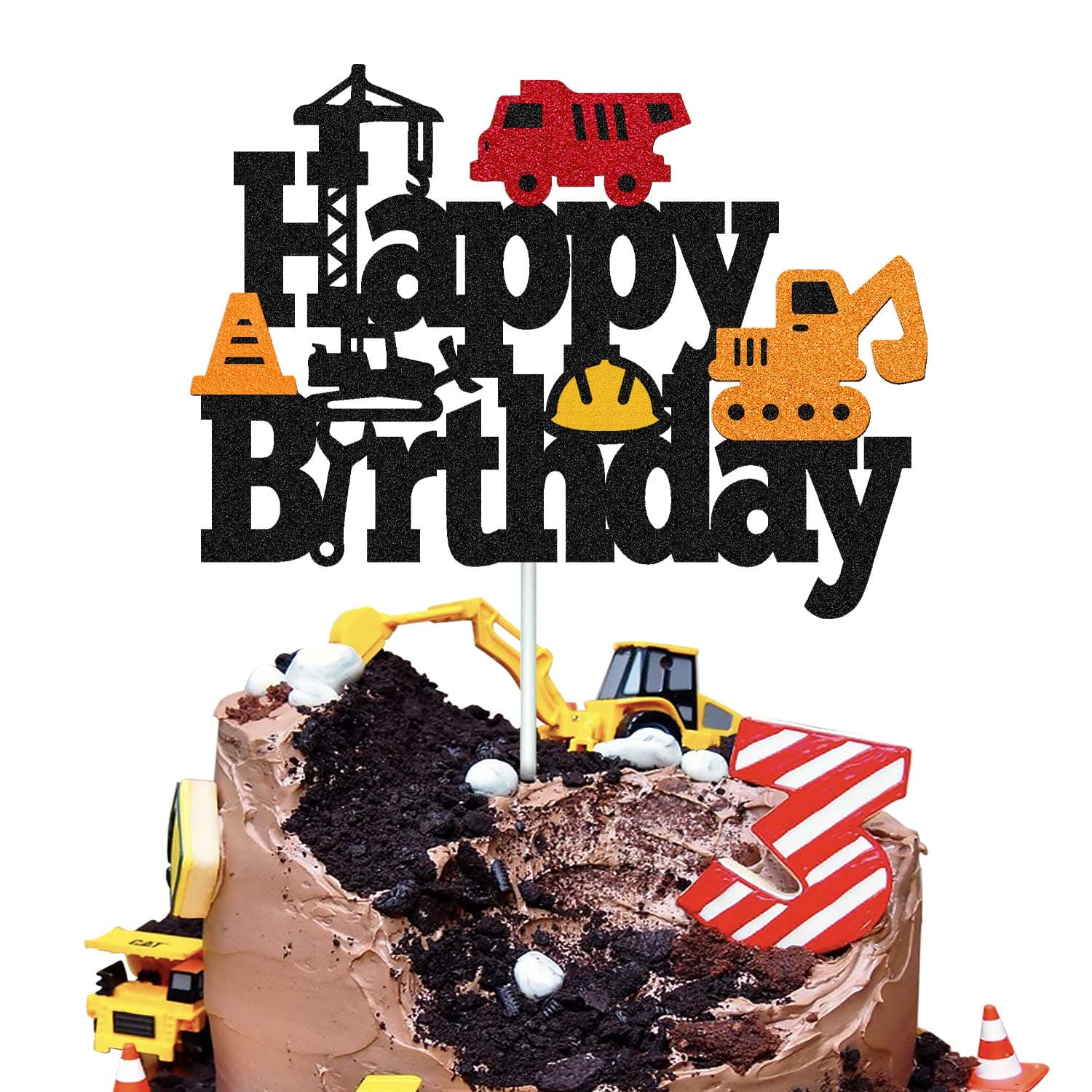 Construction Birthday Cake Toppers Truck Dump Excavator Forklift Bulldozer Road Roller Engineering Themed for Kids Boy Girl Happy Birthday Party Supplies Sparkle Decorations DOUBLE SIDED