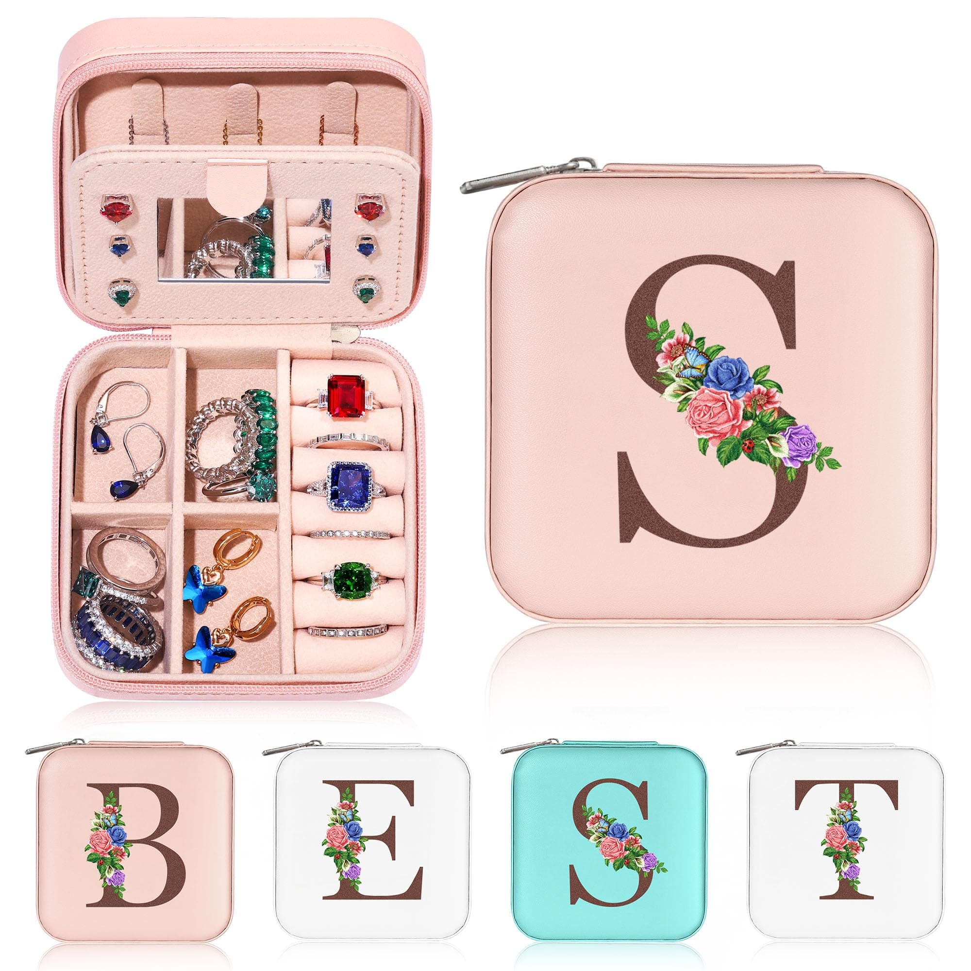 Yesteel Birthday-Personalized-Gifts-for-Women Bridesmaid Mom Friend Sister, Small Travel Jewelry Case Box Organizer, Ring Necklace Earring Holder Organizer with Mirror (Letter S)