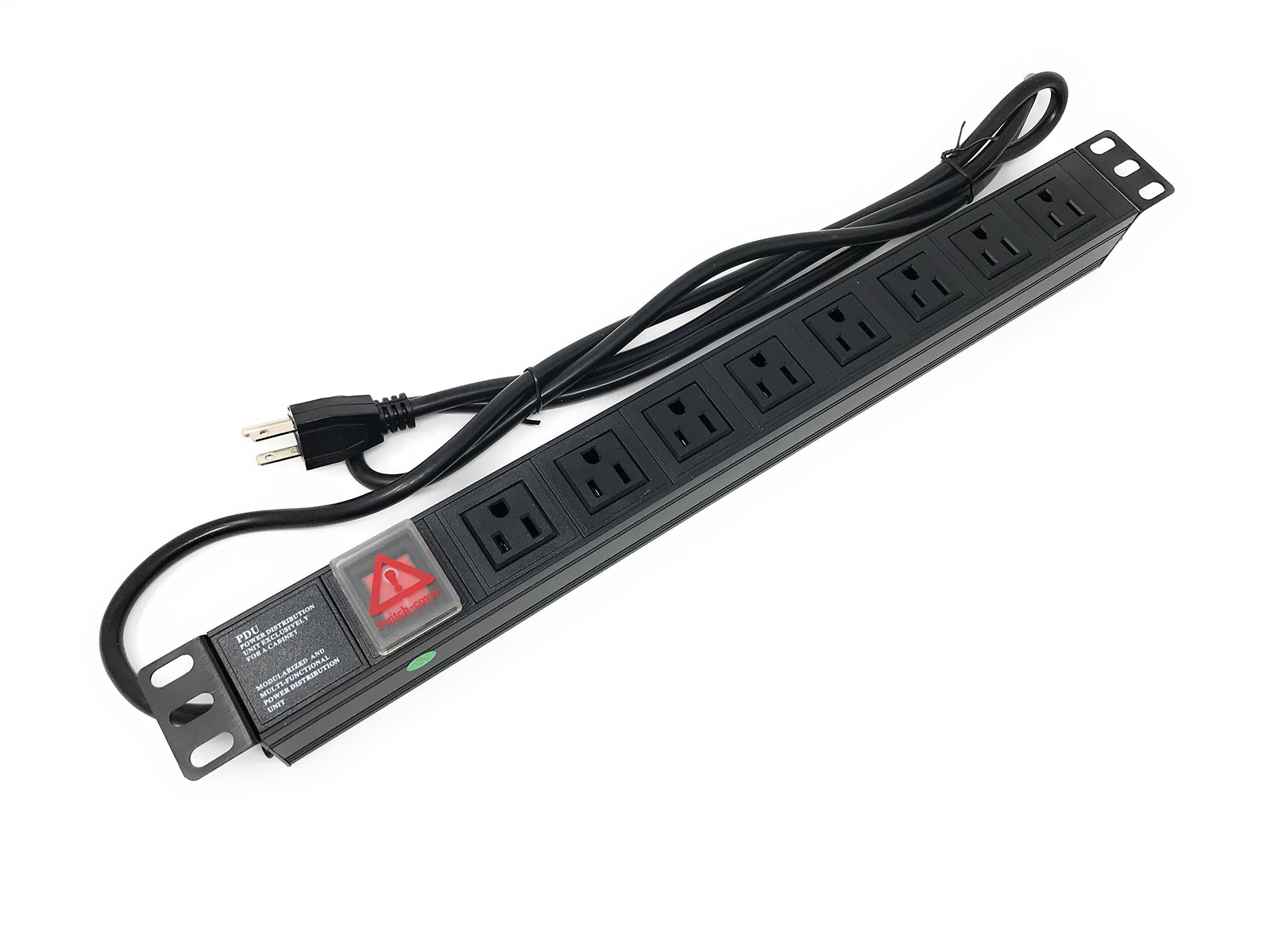 EnEdge 19" 1U Rack Mount Aluminum PDU 8Ways with Switch Power Strip (2 Meter 5-15 Outlets Rack Mount)