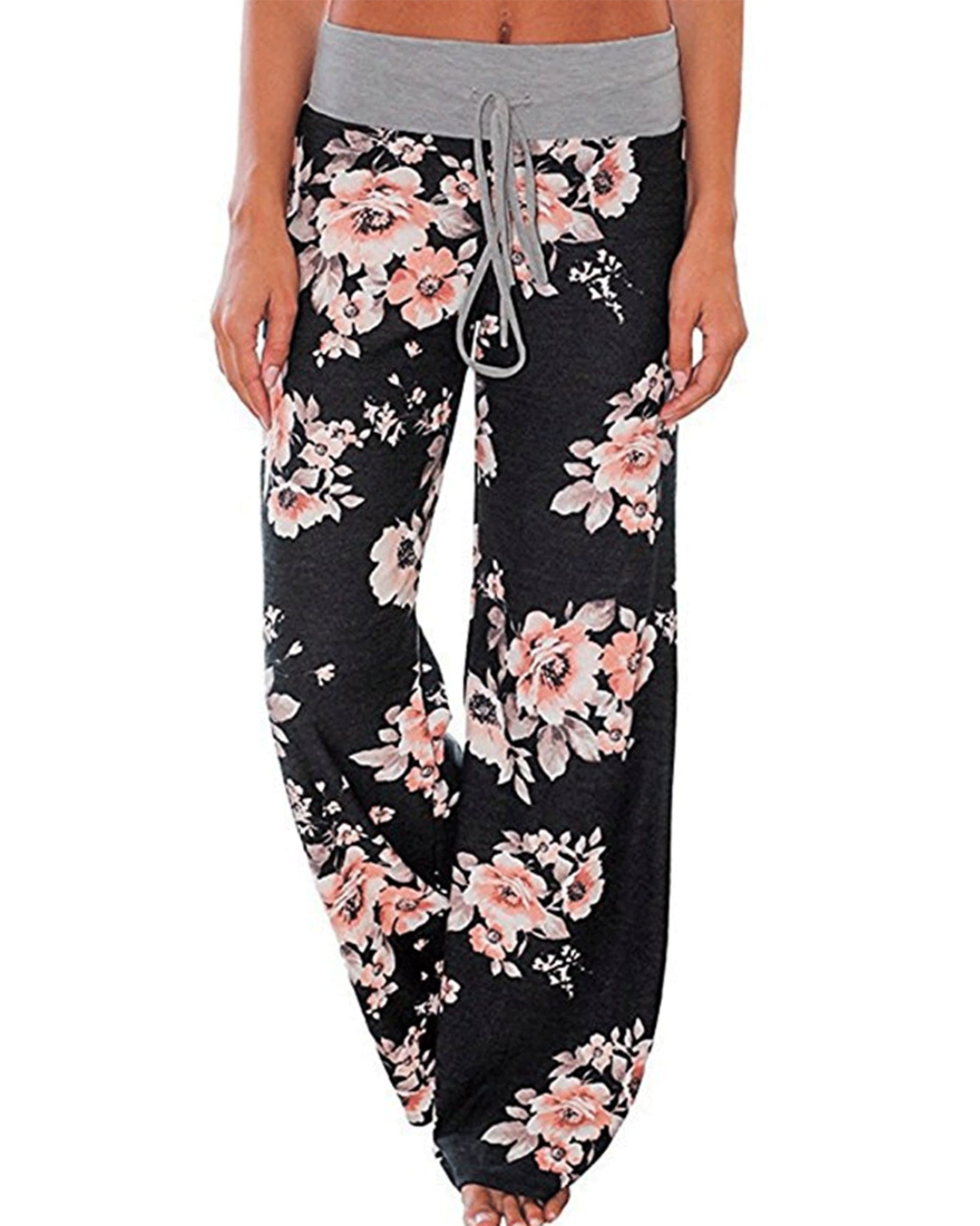 AceIce Women's Comfy Stretch Floral Print Lounge Pants Casual Drawstring Palazzo Pants Wide Leg Pajama Pants (Black, Tag S= US 2-4)