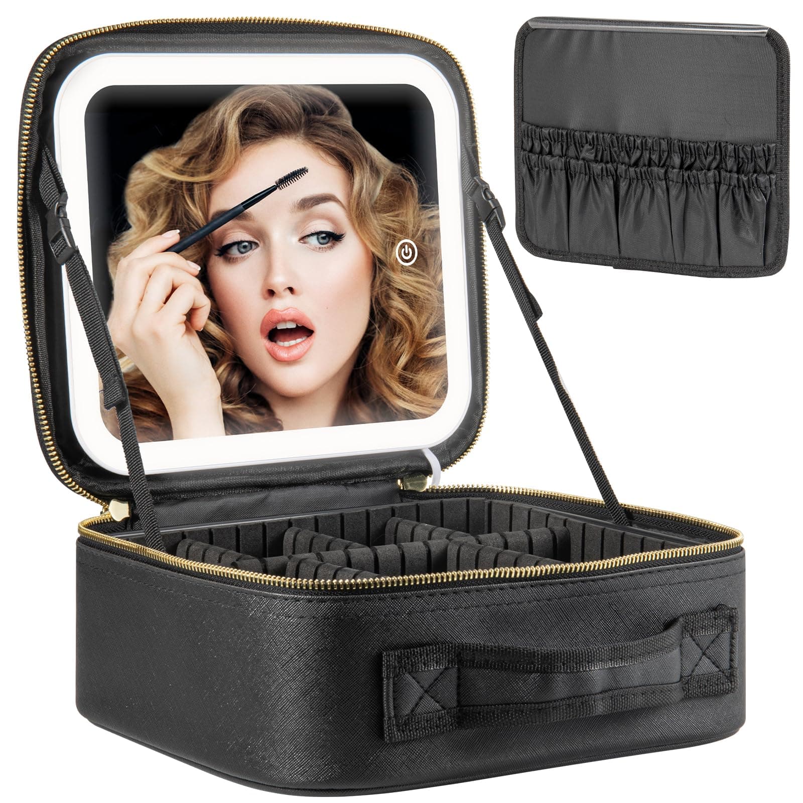 Makeup Travel Train Case with Mirror LED Light 3 Adjustable Brightness Cosmetic Bag Portable Storage Adjustable Partition Waterproof Makeup Brushes Makeup Jewelry Gift for Women, Black