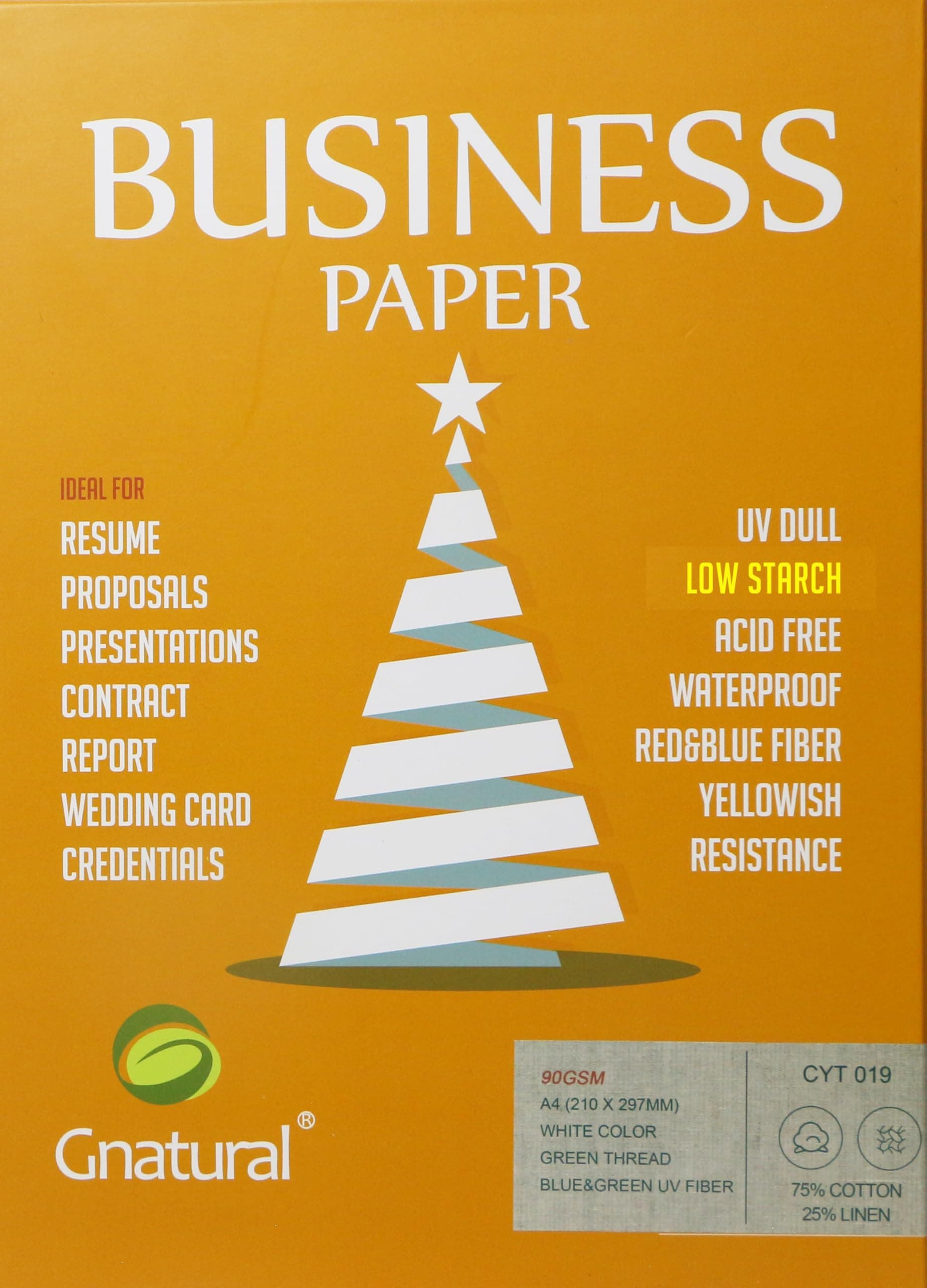 90GSM 75% Cotton 25% linen Business Paper, A4 size White Printing Paper, 100 Sheets with Green Thread and UV Visible Fibres (Low-starch)