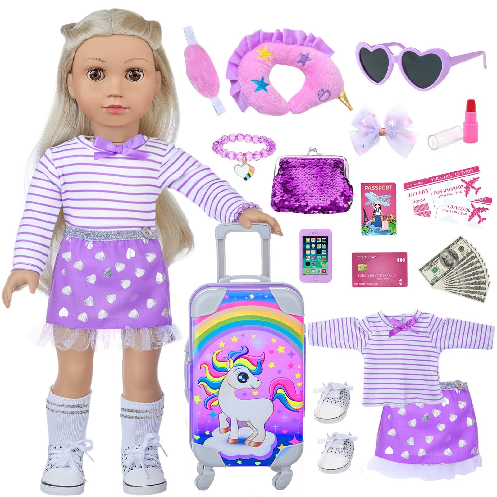 DONTNO 29 Pcs American Doll Clothes & Accessories, Cute Travel Play Set for 18 Inch Doll - Purple Clothes Suit, Unicorn Suitcase, Handbag, Lipstick, Camera, Sunglasses