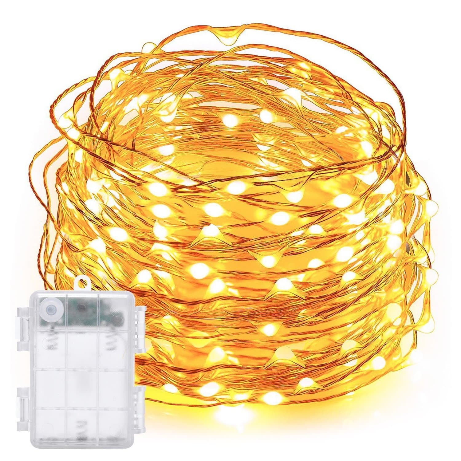 DecorNova 60 LED IP44 Waterproof Copper Wire String Lights with Timer and 3AA Battery Case, 9.8ft, Warm White