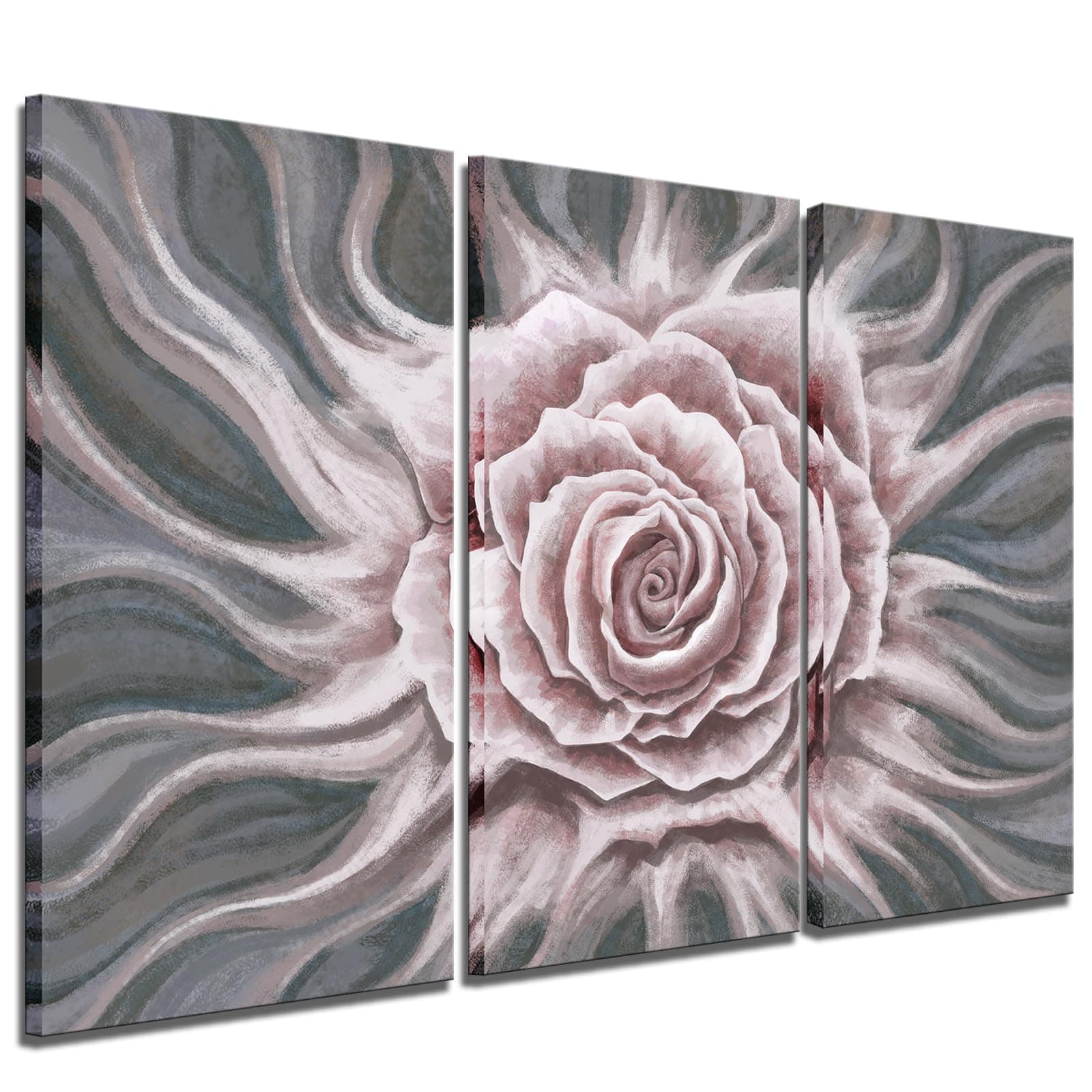 Biuteawal 3 Piece Canvas Prints Pink Flower Wall Art Bedroom Romantic Rose Floral Painting Artwork Contemporary Pink and Grey Bloom Pictures for Teen Girl Room Living Room Bathroom Decor Framed