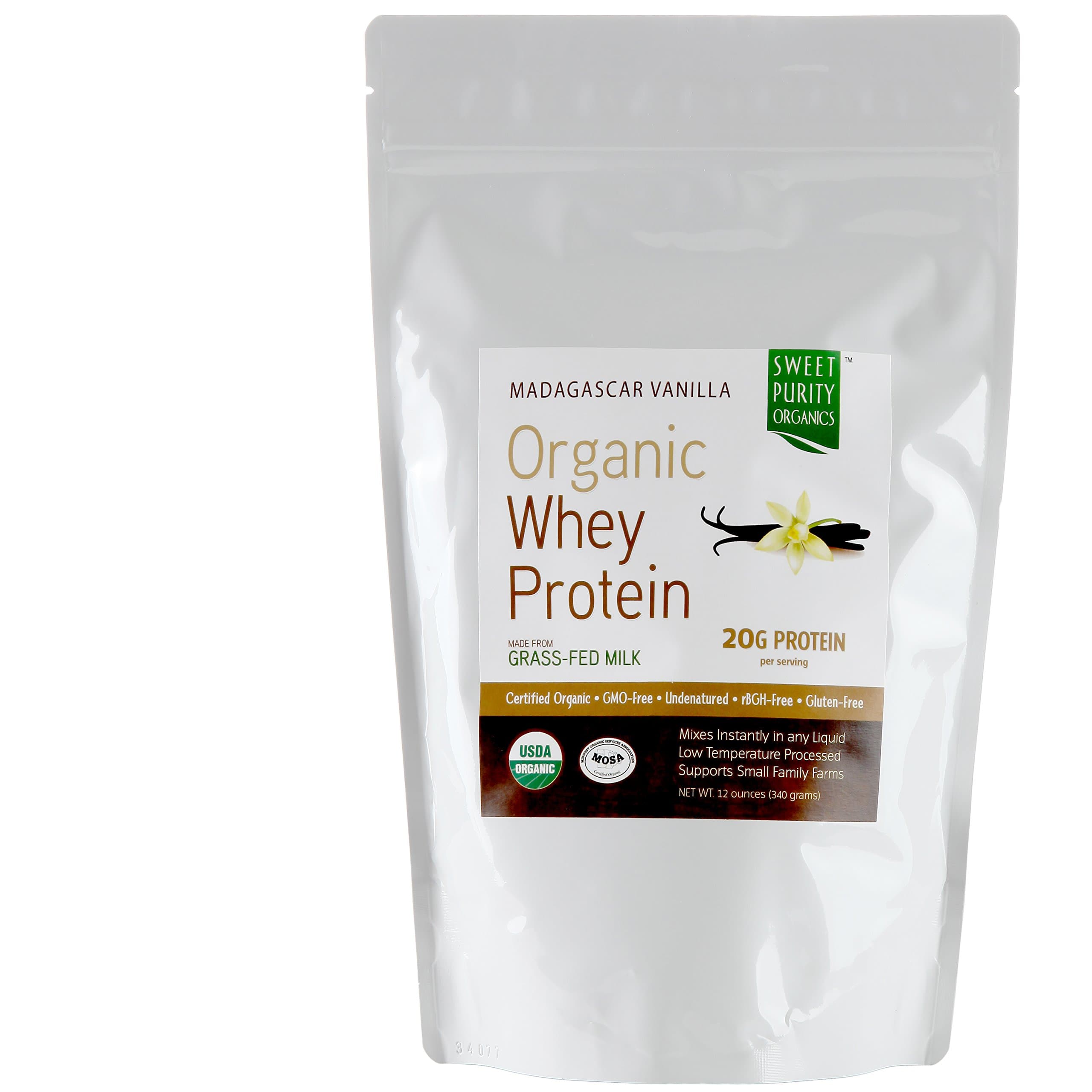 CERTIFIED Organic Whey Protein Powder #1 BEST TASTING Grass Fed Undenatured Concentrate NON GMO Gluten Free - Madagascar Vanilla, 12 oz