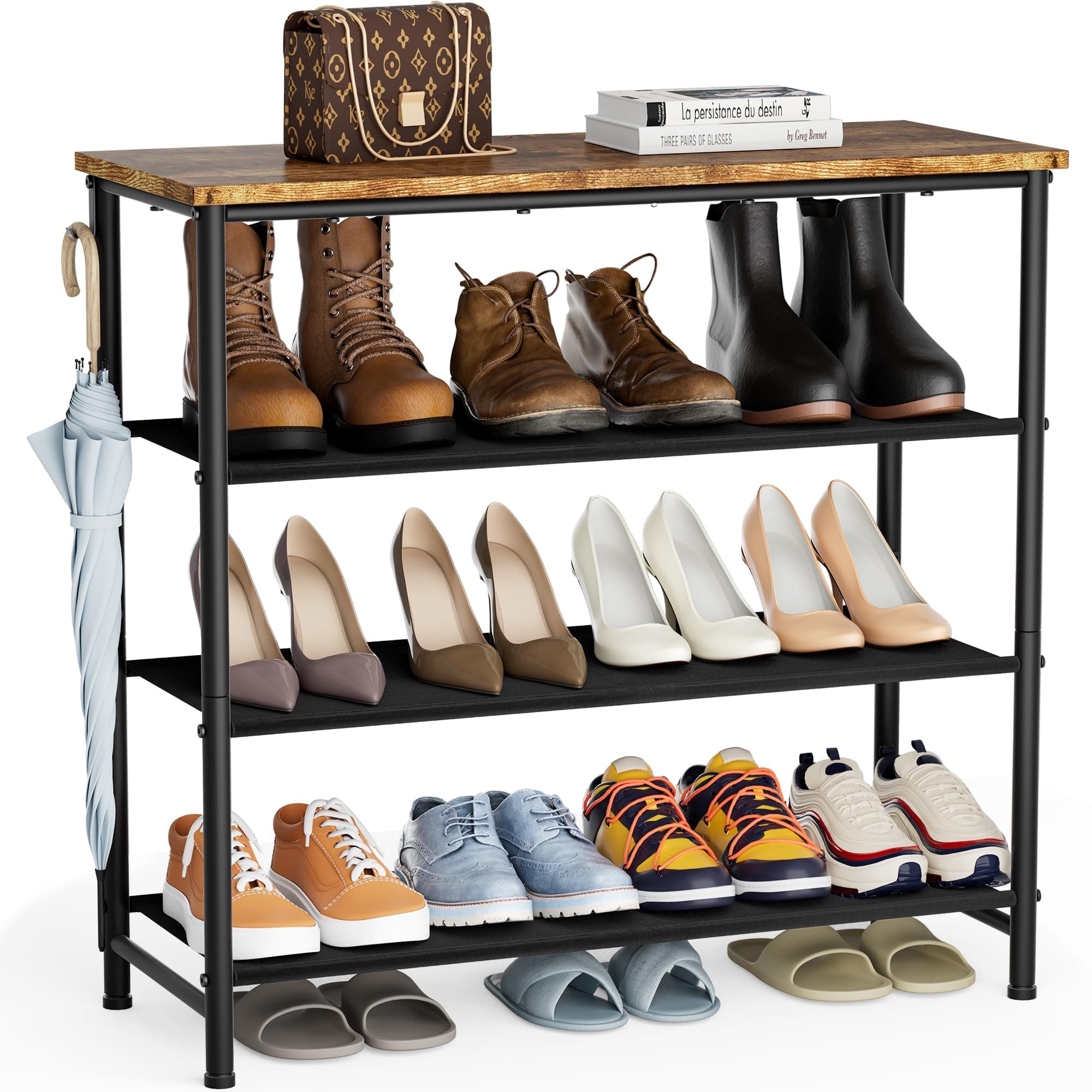HOMIDEC Shoe Rack, 4-Tier Shoe Storage Shelves with Wooden Top, Shoe Organiser for 12-16 Pairs of Shoes, Dust-proof Fabric Shelves for Flats, Boots, Heels, Sneakers