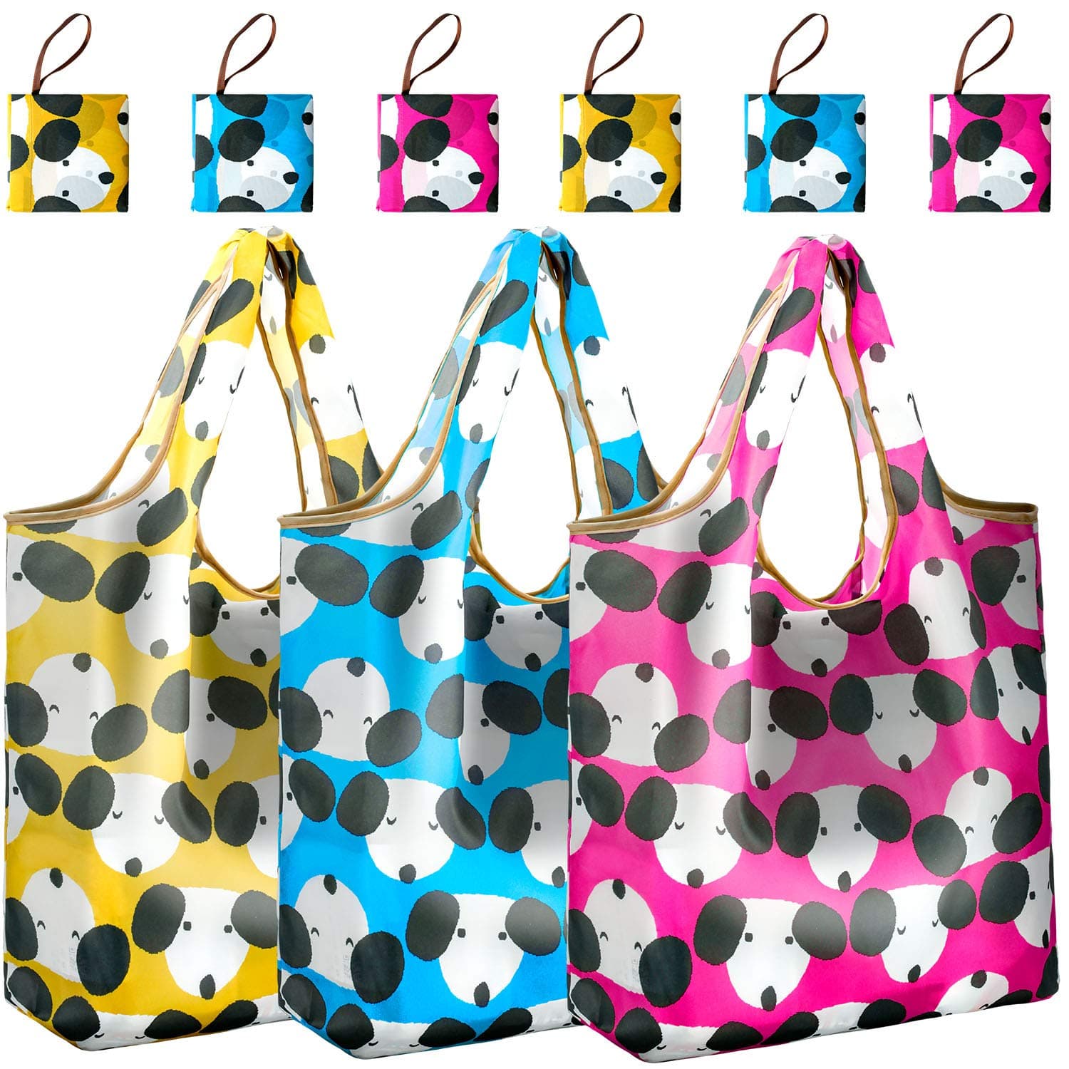 Reger Foldable Nylon Light Weight Compact Grocery Shopping Storage Bags Reusable & Mathine Washable Fits in Pocket Eco Friendly (Dog Prints, Pack of 6)