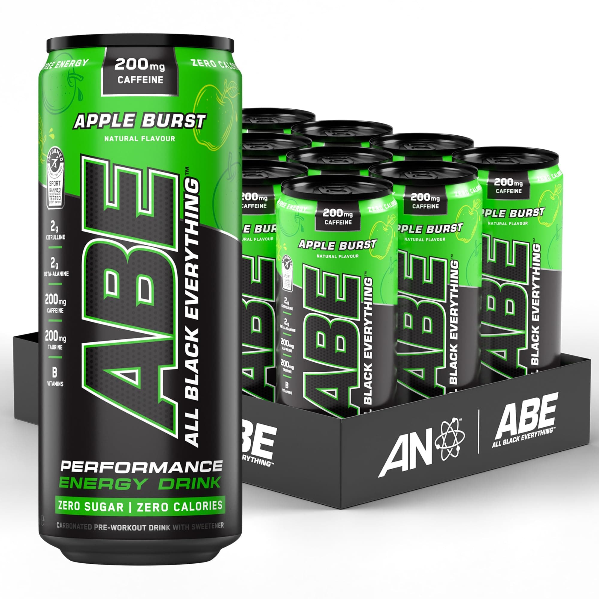 ABE Pre Workout Cans - All Black Everything Energy + Performance Drink, ABE Carbonated Beverage Sugar Free with Caffeine (Pack of 12 Cans x 330ml) (Apple Burst)