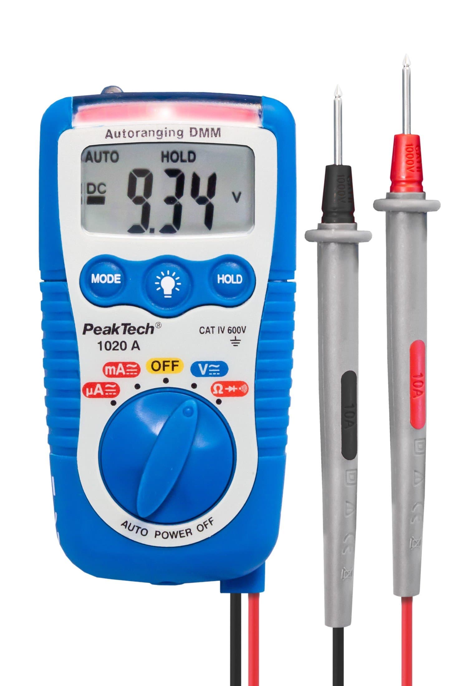 PeakTech 1020 A – Digital multimeter with Automatic Fuse and LED Lamp, Portable, Data Hold, Voltmeter, Ohmeter, Electronic Ammeter, Continuity Tester, LCD Dispaly, AC/DC - Max. 600 V, Blue