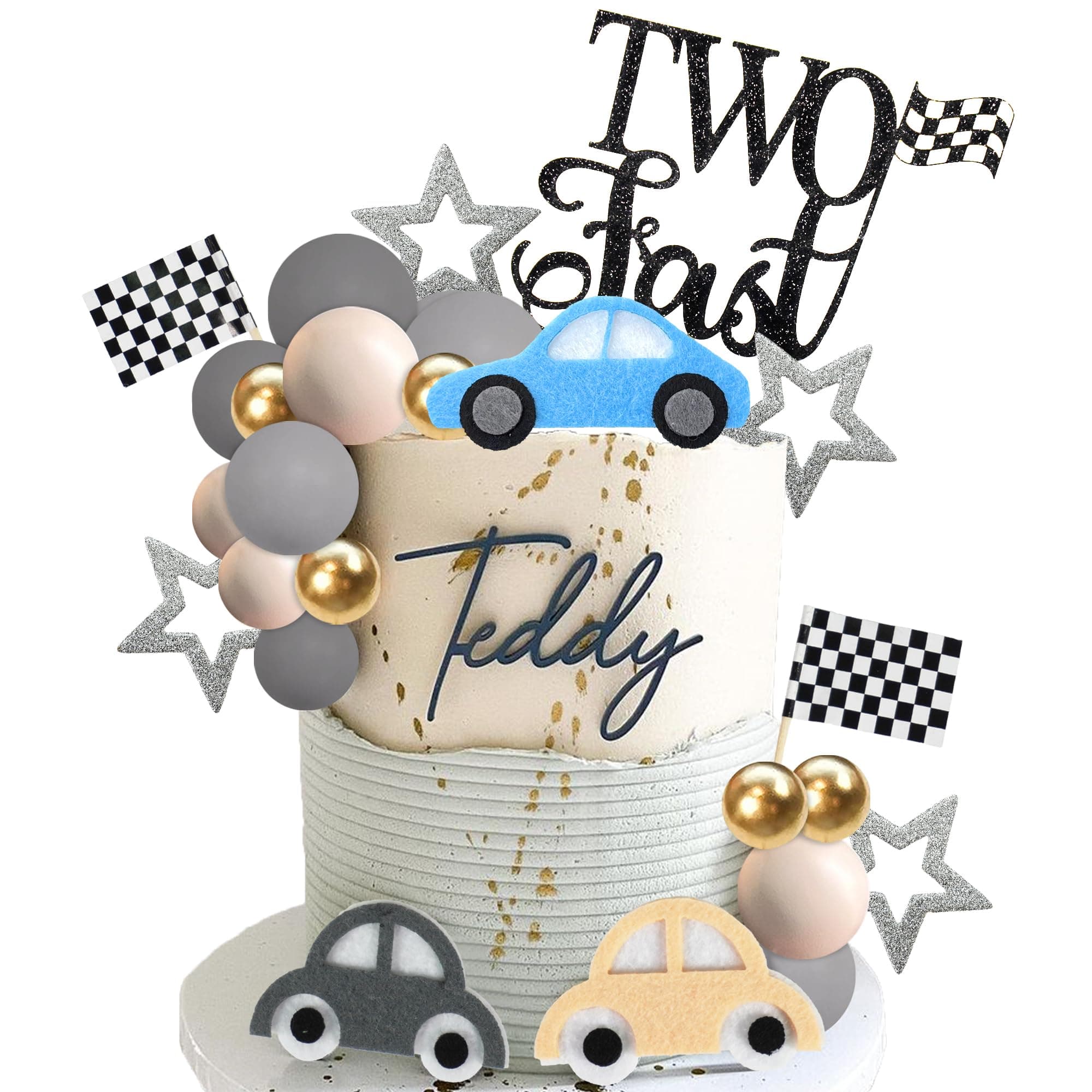 27 PCS Two Fast Cake Toppers Race Car 2nd Birthday Cake Decorations for Racing Car Checkered Flag Birthday Anniversary Party Decorations Supplies (01)