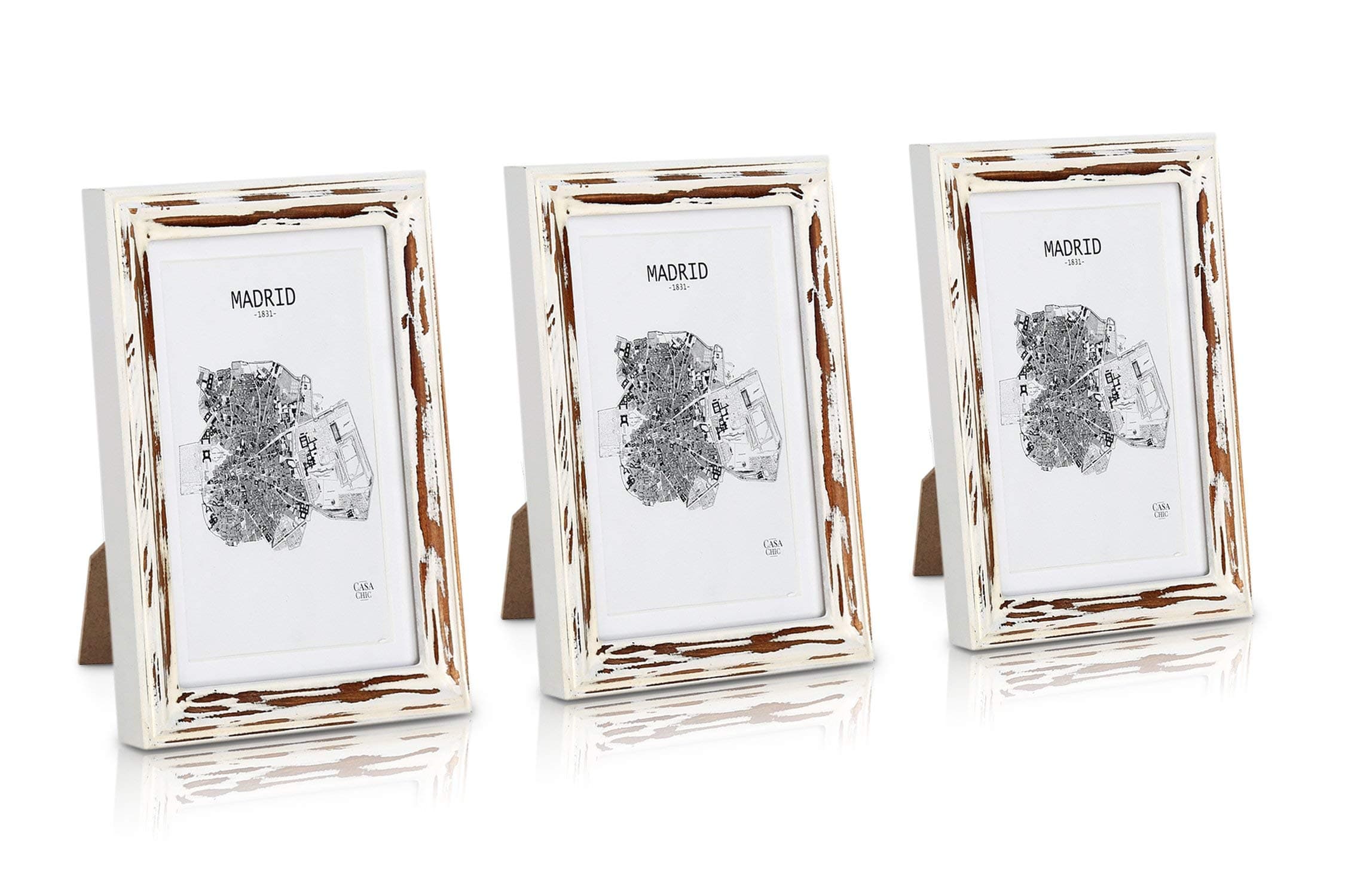 Antic by Casa Chic Solid Wood Shabby Chic Photo Frame 5x7 inch Frame Glass Front With Picture Mount for 6x4 inch Photo Pack of 3 Frames 2 Centimetre Edge Width Distressed Brown and White