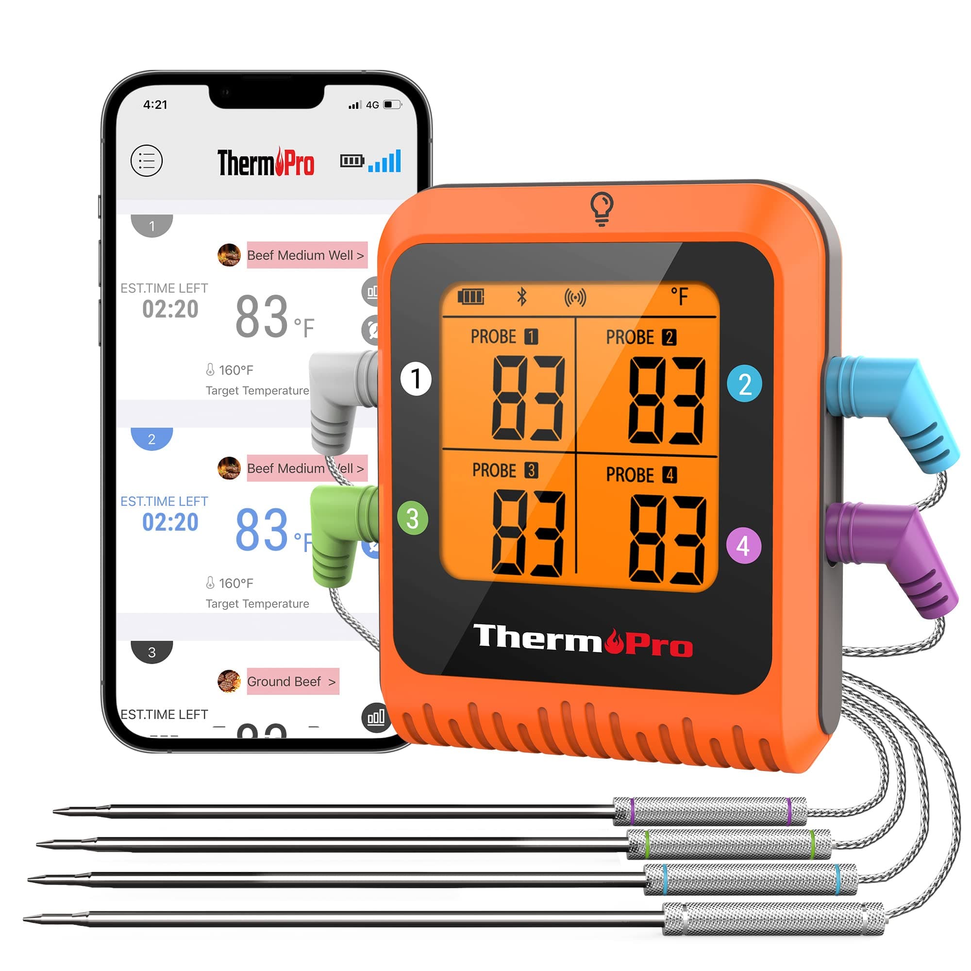 ThermoPro 650 ft Bluetooth Meat Thermometer with 4 Color-Coded Probes, Wireless Meat Thermometer Digital Wireless with Timer, Commercial Cooking Tools & Utensils Rechargeable for Smoker Oven