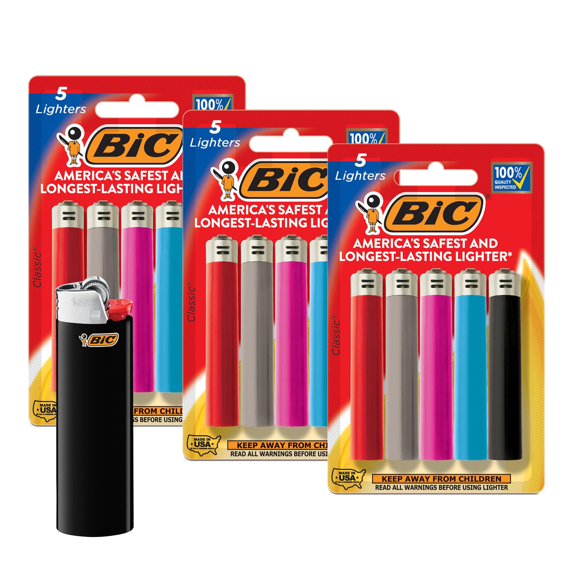 BIC Classic Lighter, Assorted Colors, 3 Pack of 5