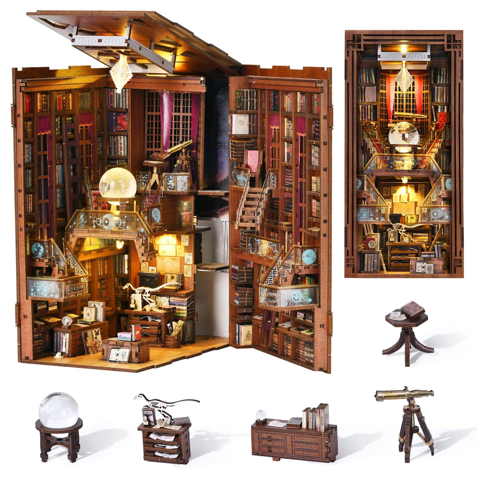 Book Nook Kit, DIY Miniature Dollhouse Booknook Kit, 3D Wooden Puzzle Bookend Bookshelf Insert Decor with LED Light for Teens and Adults (Beyond Library)