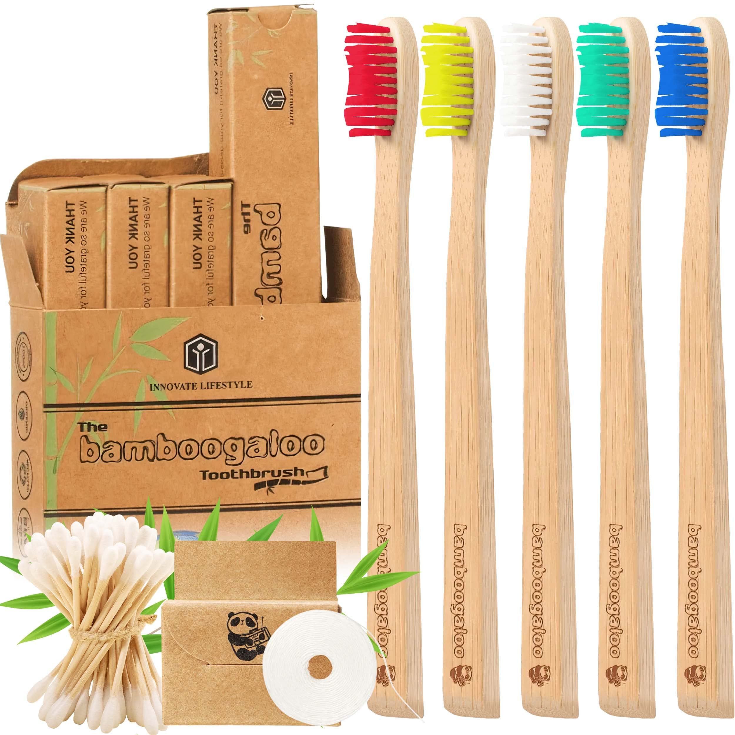 Bamboo Toothbrushes Pack of 5 - Cotton Buds & Dental Floss Included - Organic & 100% Biodegradable - Medium Firm Bristles, Plastic-Free Packaging