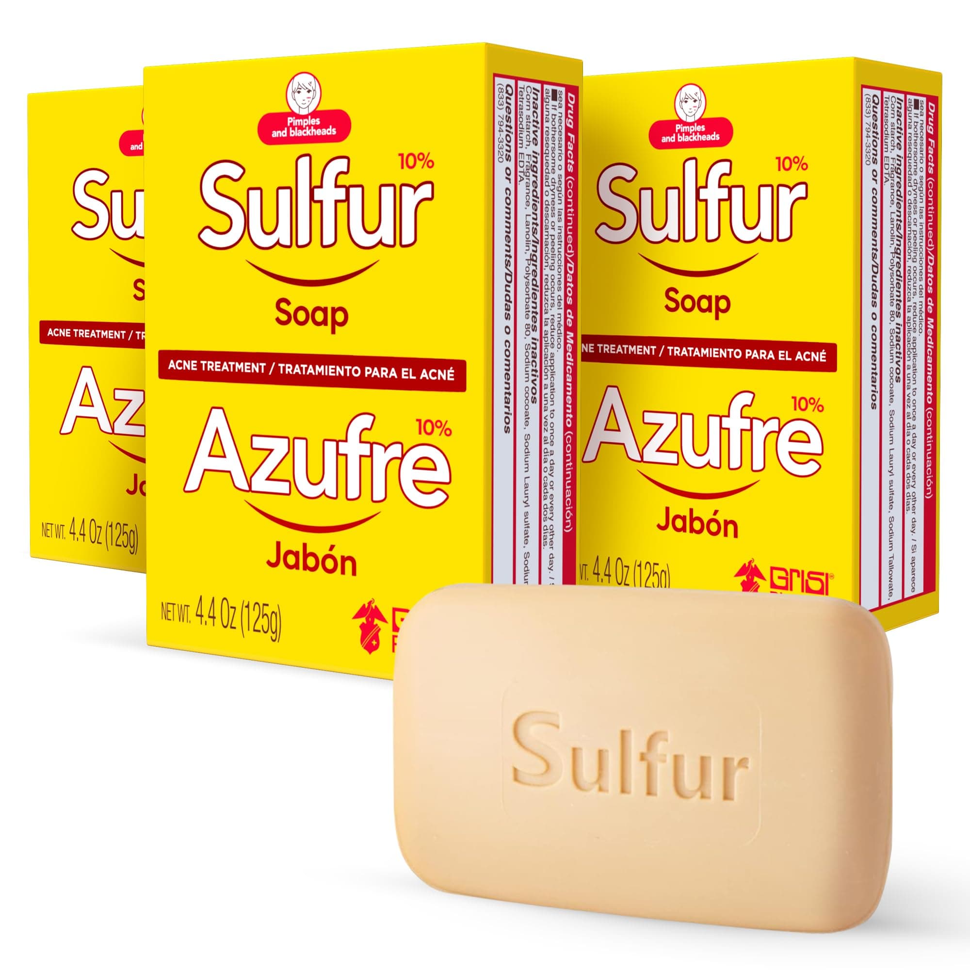 Grisi Sulfur Soap, Acne Treatment, Cleaner Bar Soap, Helps you Reduce Oil Excess and Acne Pimples, Keeps Pores Cleaner, Sulfur 10%, 3-Pack of 4.4 Oz, Bar Soaps, yellow