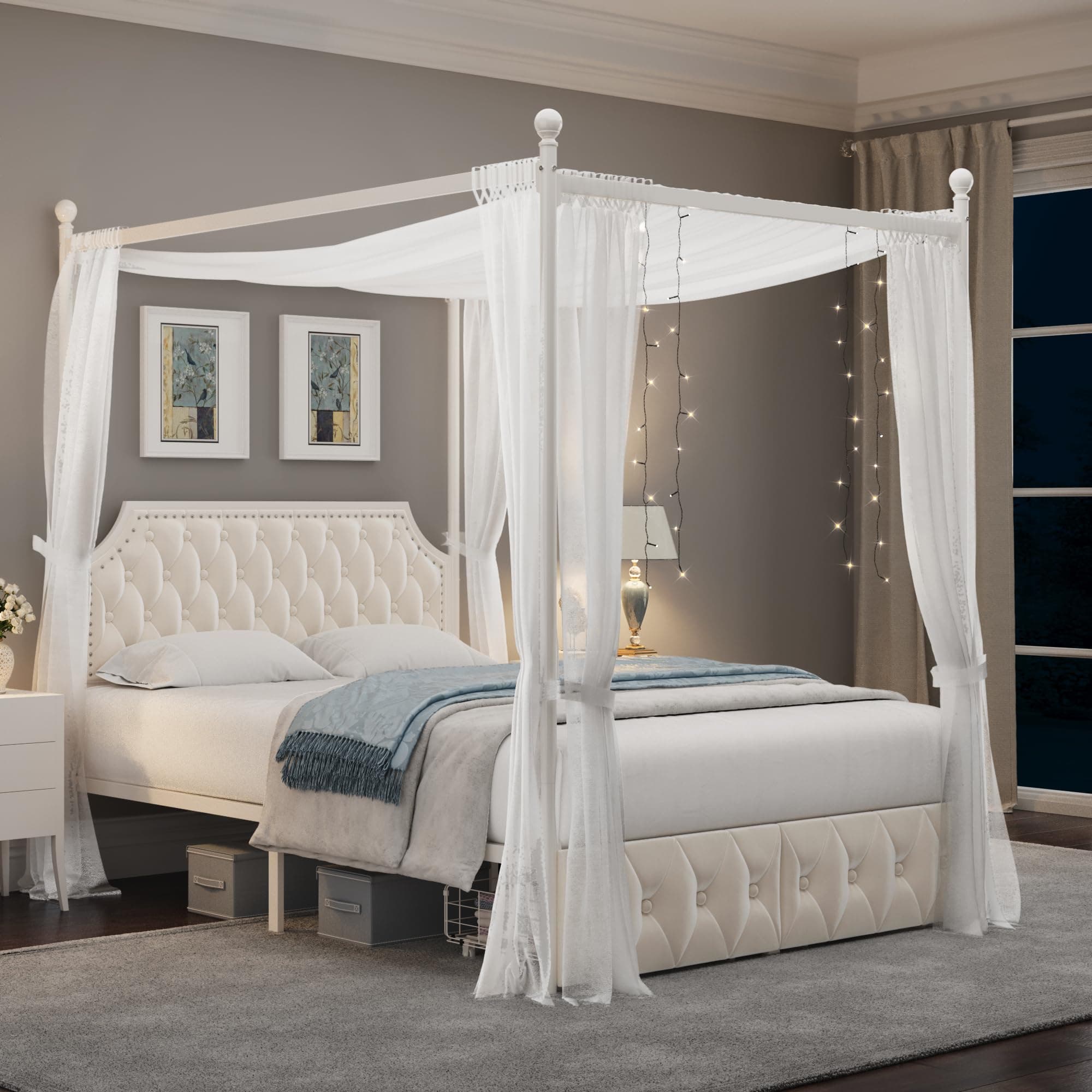 Keyluv Full Upholstered Canopy Bed Frame with 2 Drawers and Button Tufted Headboard, Metal Platform Bed with 4 Removable Posts, Two-Purpose Velvet Bed No Box Spring Needed, Beige/Curtains Not Included