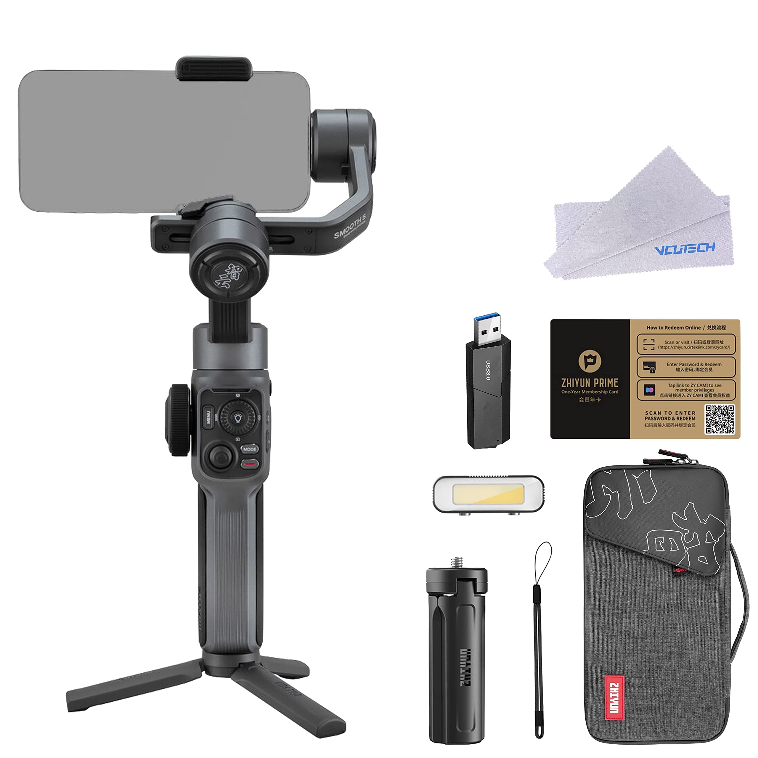 Smooth 5 Combo, Portable Gimbal Stabilizer for Android iPhone, 3-Axis Handheld Smartphone Gimbal, LED Fill Light & Filters, Face Tracking, Vlogging Stabilizer, YouTube TikTok Video