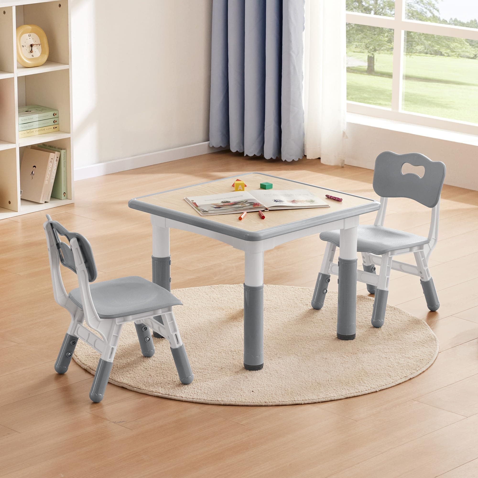Kids Study Table and Chairs Set, Height Adjustable Toddler Table and Chair Set for Kids Ages 3-8, 23.6" L x 23.6" W Graffiti Desktop Plastic Children Art Table with 2 Seats, W-Grey