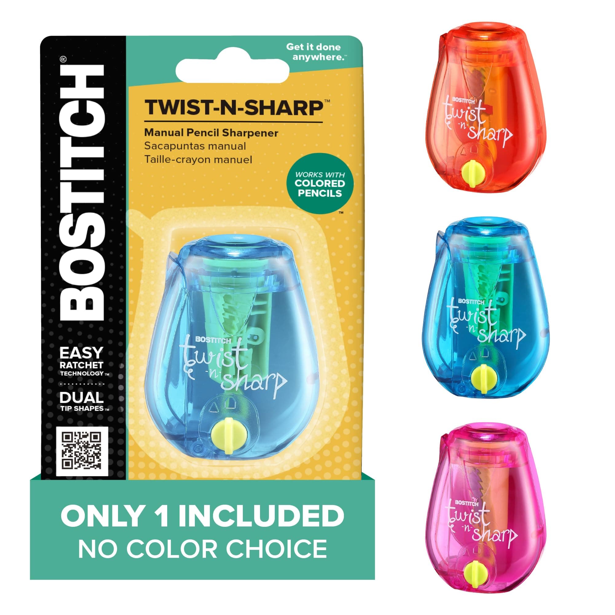 Office Pencil Sharpener, Manual, One Assorted Color, Twist-n-Sharp, Kids, Boys, Girls, Colored Pencils, 1 Pack