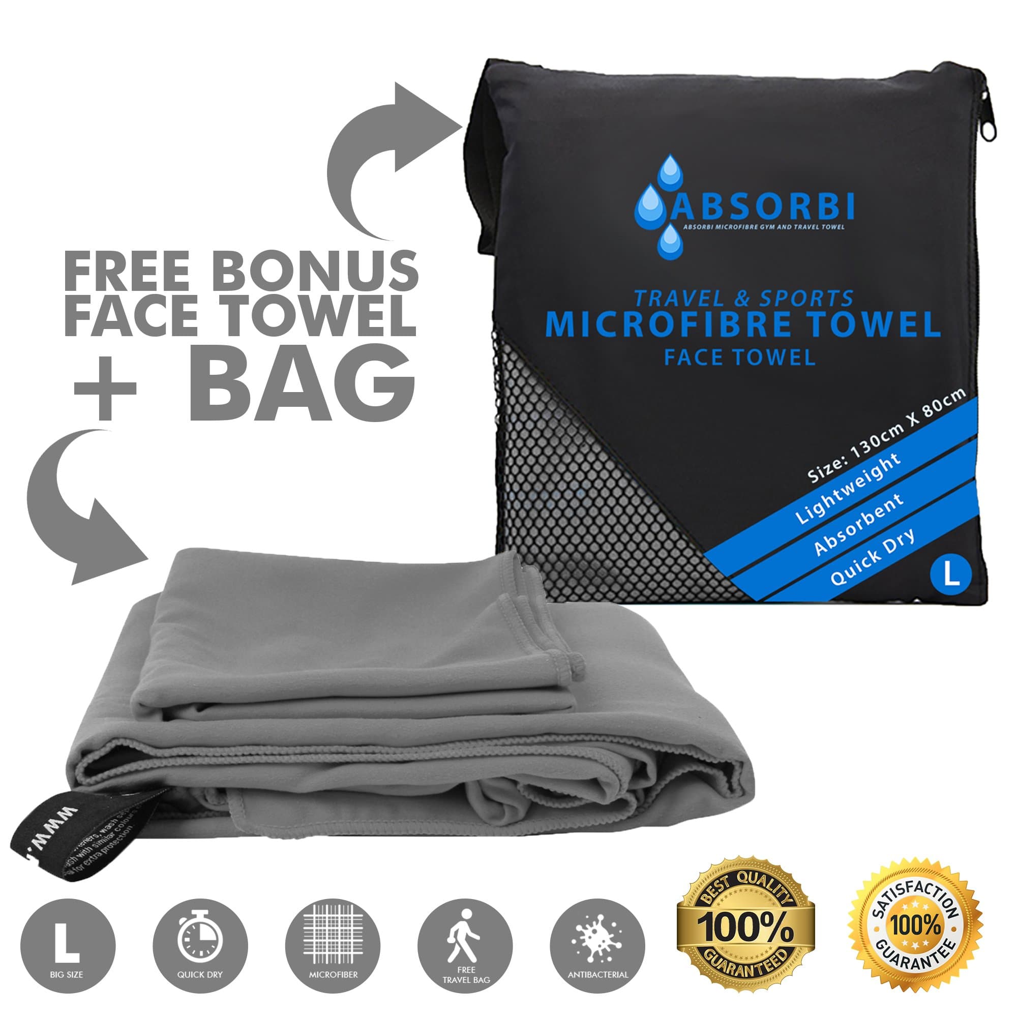 ABSORBI Microfibre Sports & Travel Towel | Antibacterial & Super Absorbent | Quick Dry Towel for Yoga, Crossfit, Pilate, GYM, Sports, Camping, Golf, Hair, Beach, Bath, Swimming | Cloud Grey 130X80 cm