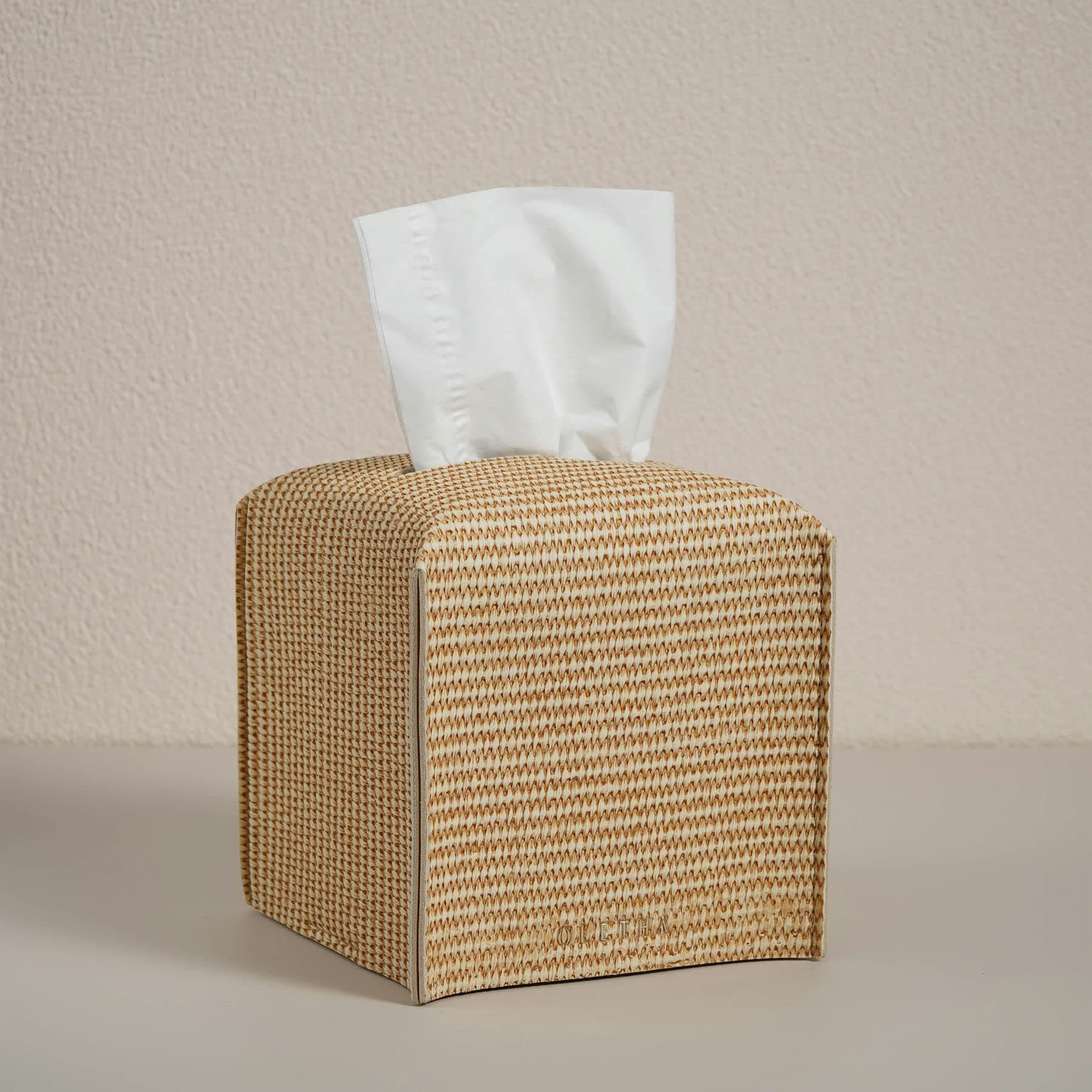 OLETHA Square Tissue Box Cover - Aesthetic Desk Decor for Room, Home & Office - Tissues Cube Boxes Holder - Rattan Textured