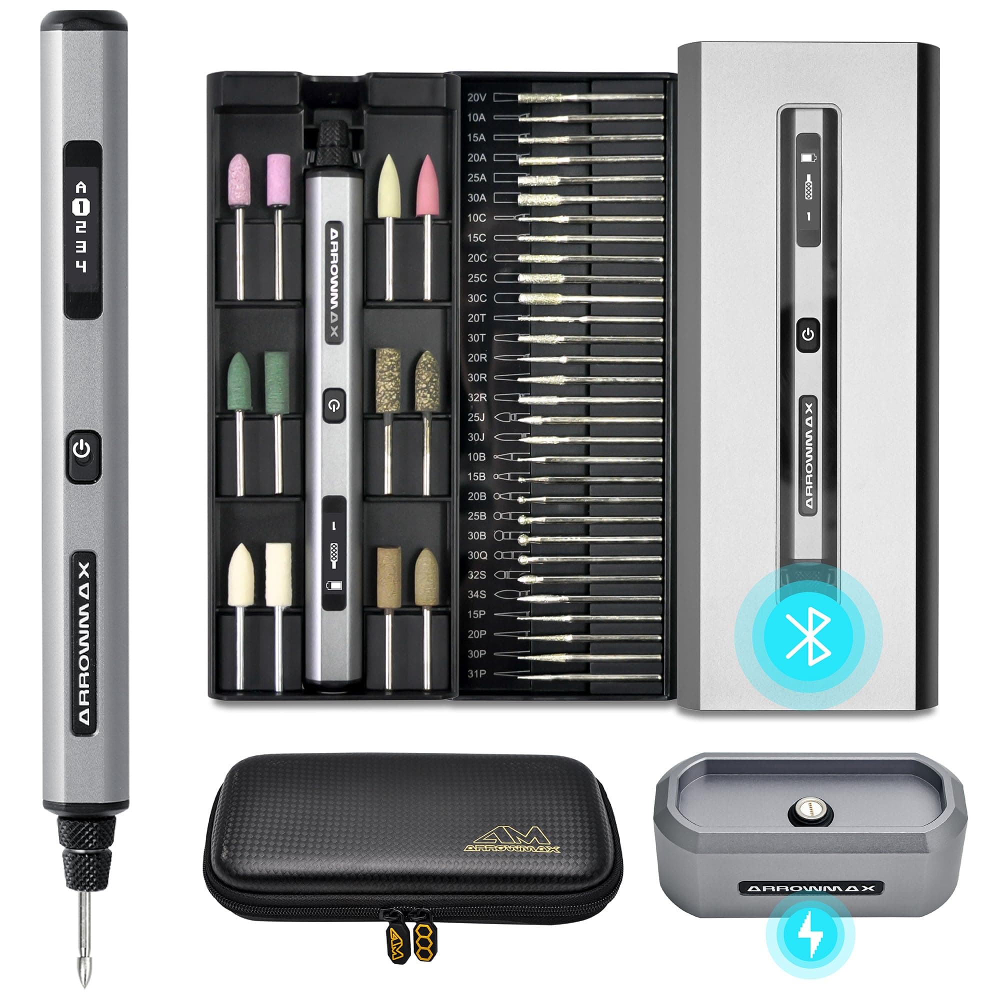 AM ARROWMAX Mini Engraving Pen, Rotary Tool with 42 Bits, Aluminum Case, Smart Motion Control, OLED, APP, Magnetic Charger, Tool Bag, Engraving Pen for Jewelry, Wood, Glass, Carving (SGS PRO Plus)