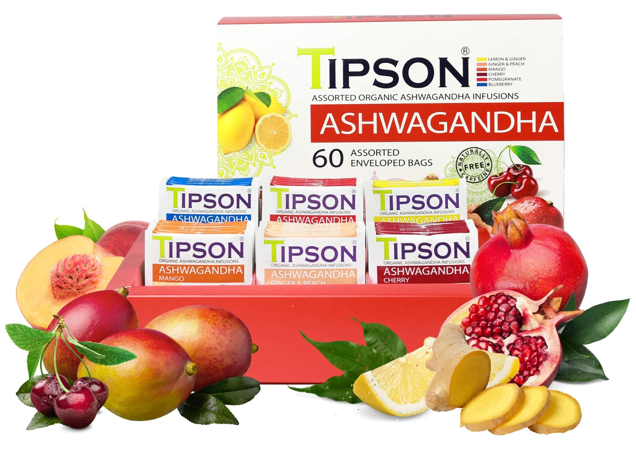 Tipson Organic Ashwagandha Variety Sampler - 6 Flavors (60 Tea Bags), Herbal Tea Infusions - USDA Organic, Non GMO, and Gluten Free
