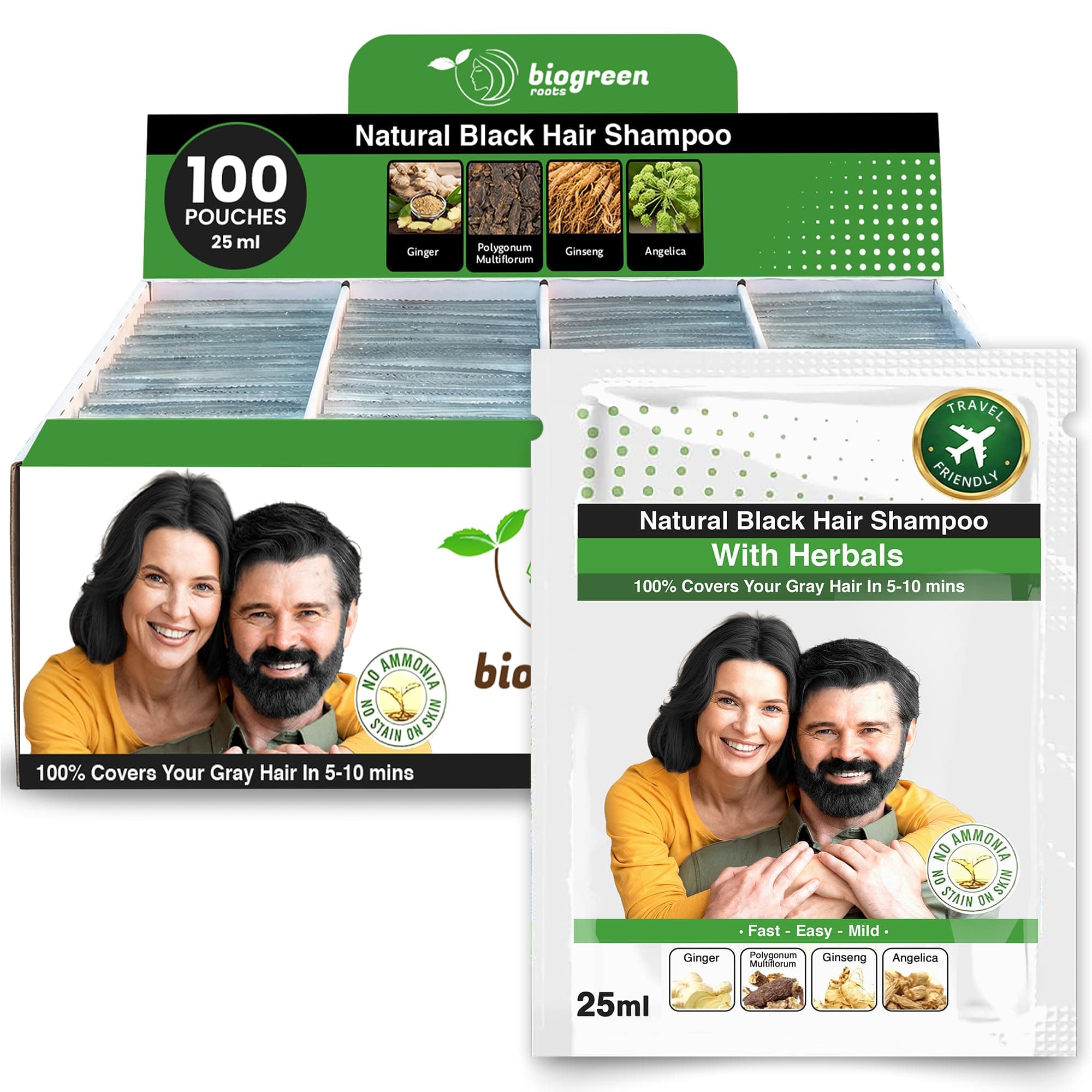 BIOGREEN ROOTS Ammonia-Free & Paraben Free Herbal Hair Shampoo - Hair Dye Shampoo for Women & Men - Natural Color & Herbal Nourishment - No Stain on Skin - Natural Black (100 sachets x 25 ml)