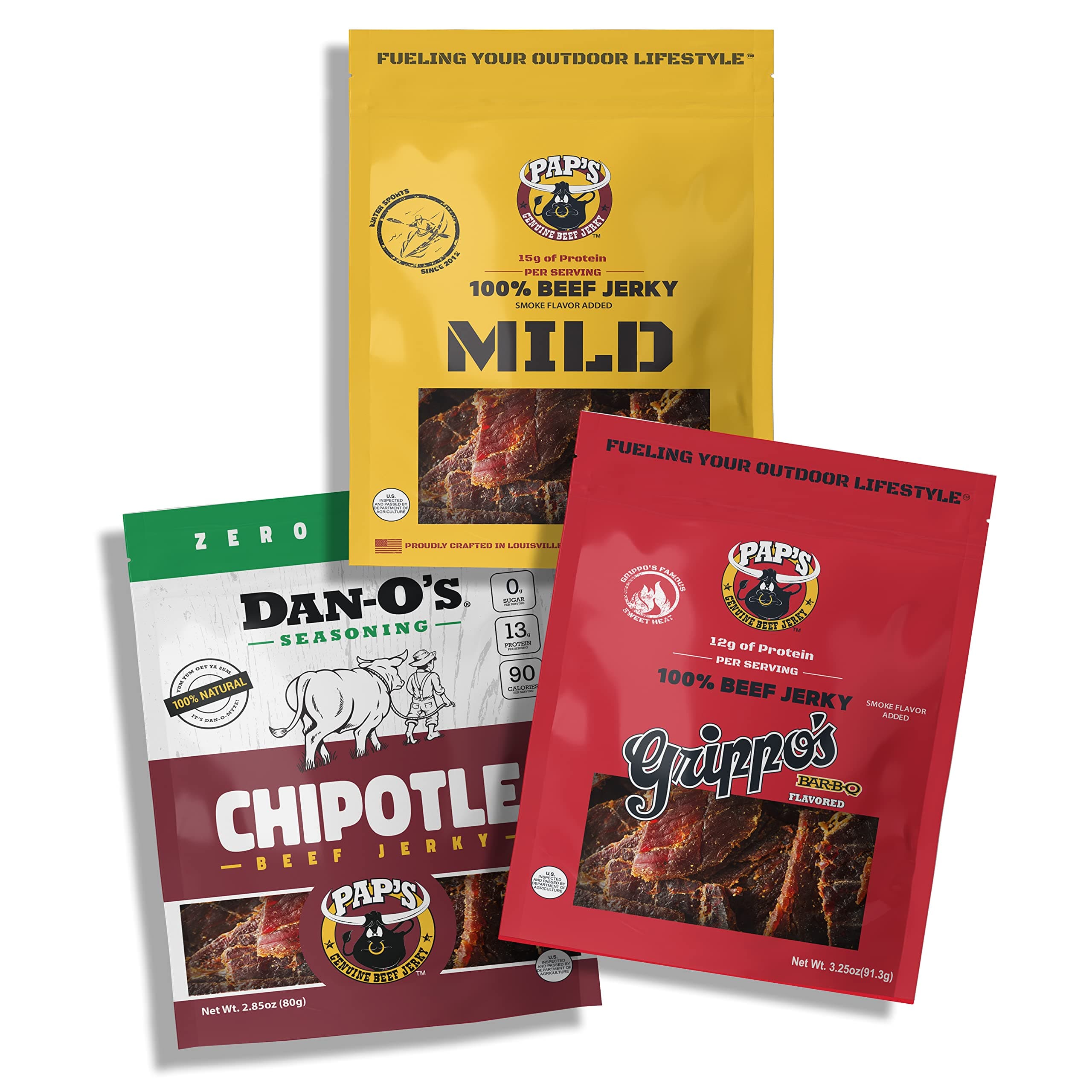 Pap's Beef Jerky Variety Pack Bundle Made With Premium American Beef | Dan-O's, Pap's Mild & Grippo's BBQ Jerky