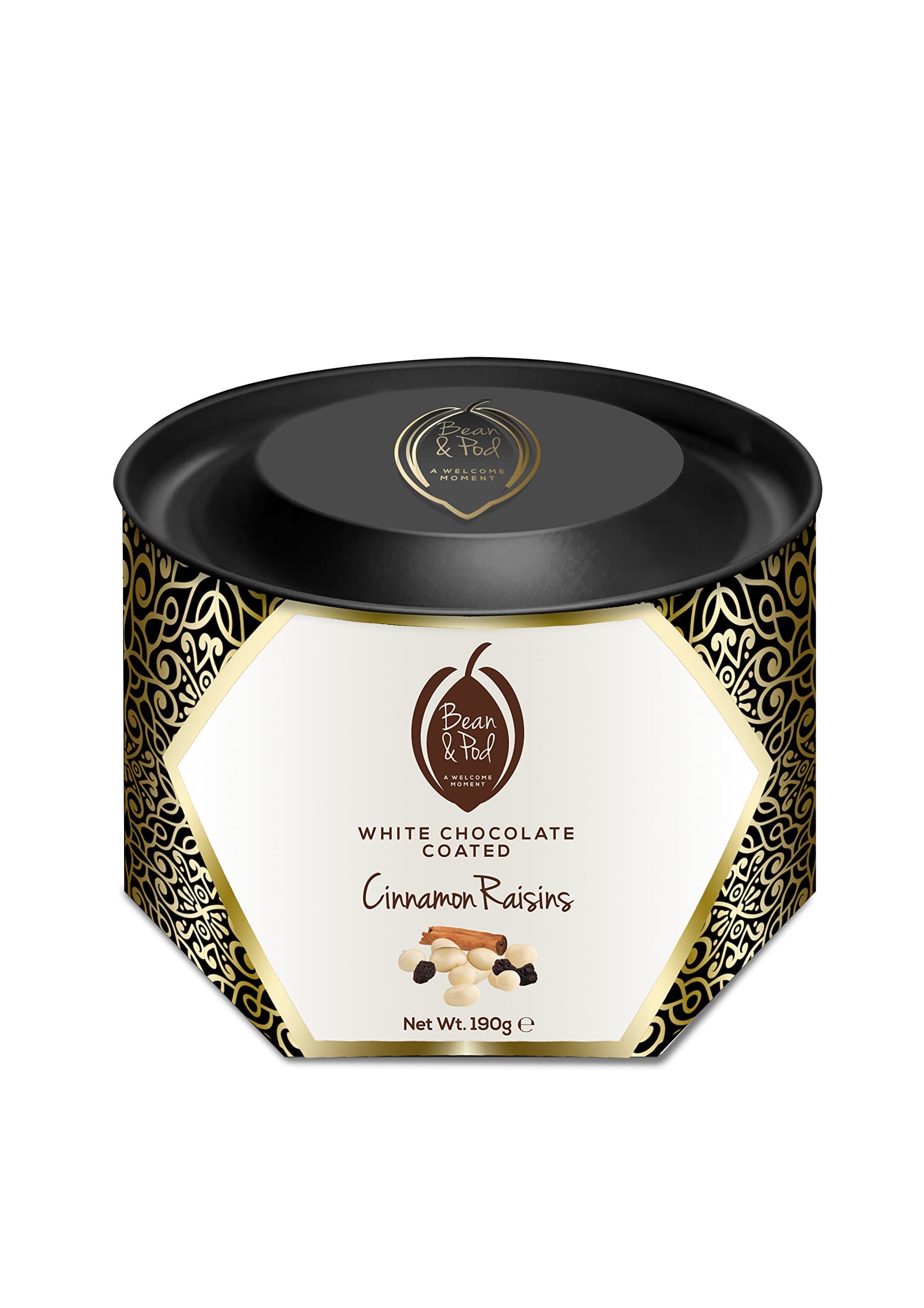 White Milk Chocolate Coated Raisins with a Dash of Cinnamon, Handcrafted by Bean and Pod Vegetarian Society Certified