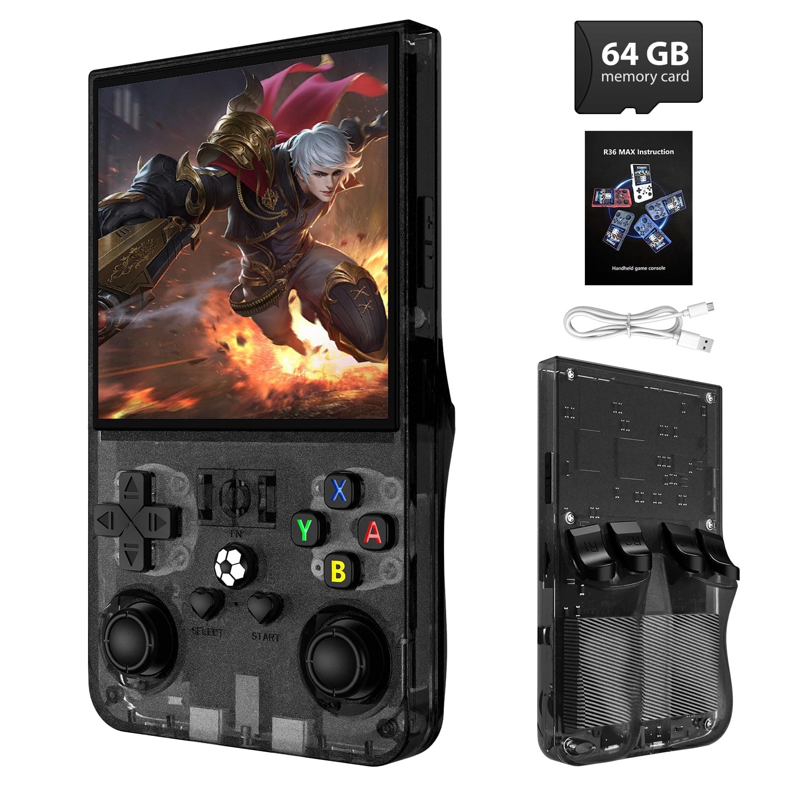 R36MAX Retro Handheld Game Console, 4.0 Inch IPS Screen, 64GB Memory, Portable Arcade Video Gaming Console Gift for Adults, Black